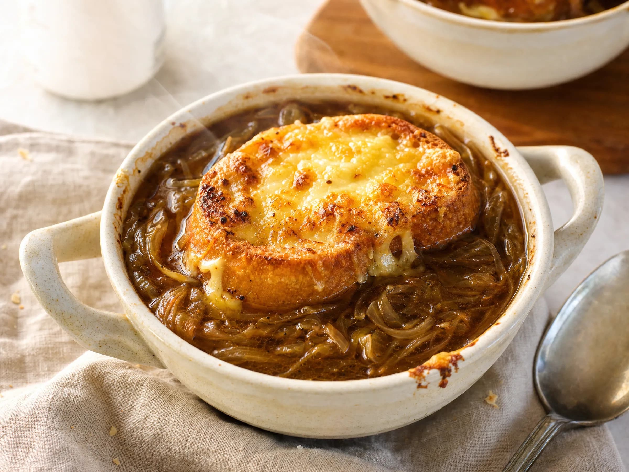 Französische Zwiebelsuppe mit Gruyère-Croûton Rezeptfoto Französische Zwiebelsuppe mit Gruyère-Croûton fertig angerichtet