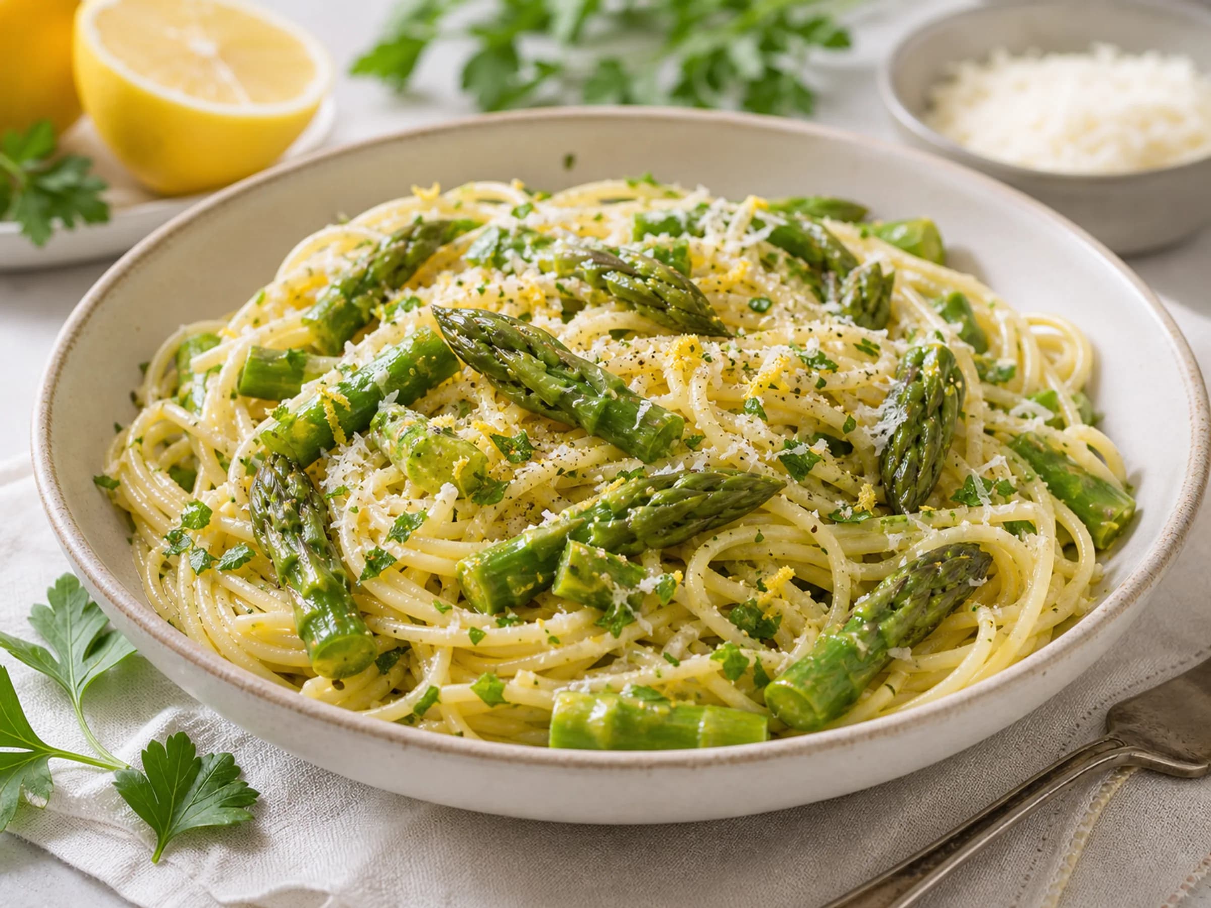 Pasta mit grünem Spargel und Zitrone Spaghetti mit grünem Spargel, Zitrone, Parmesan und Petersilie auf einem Teller