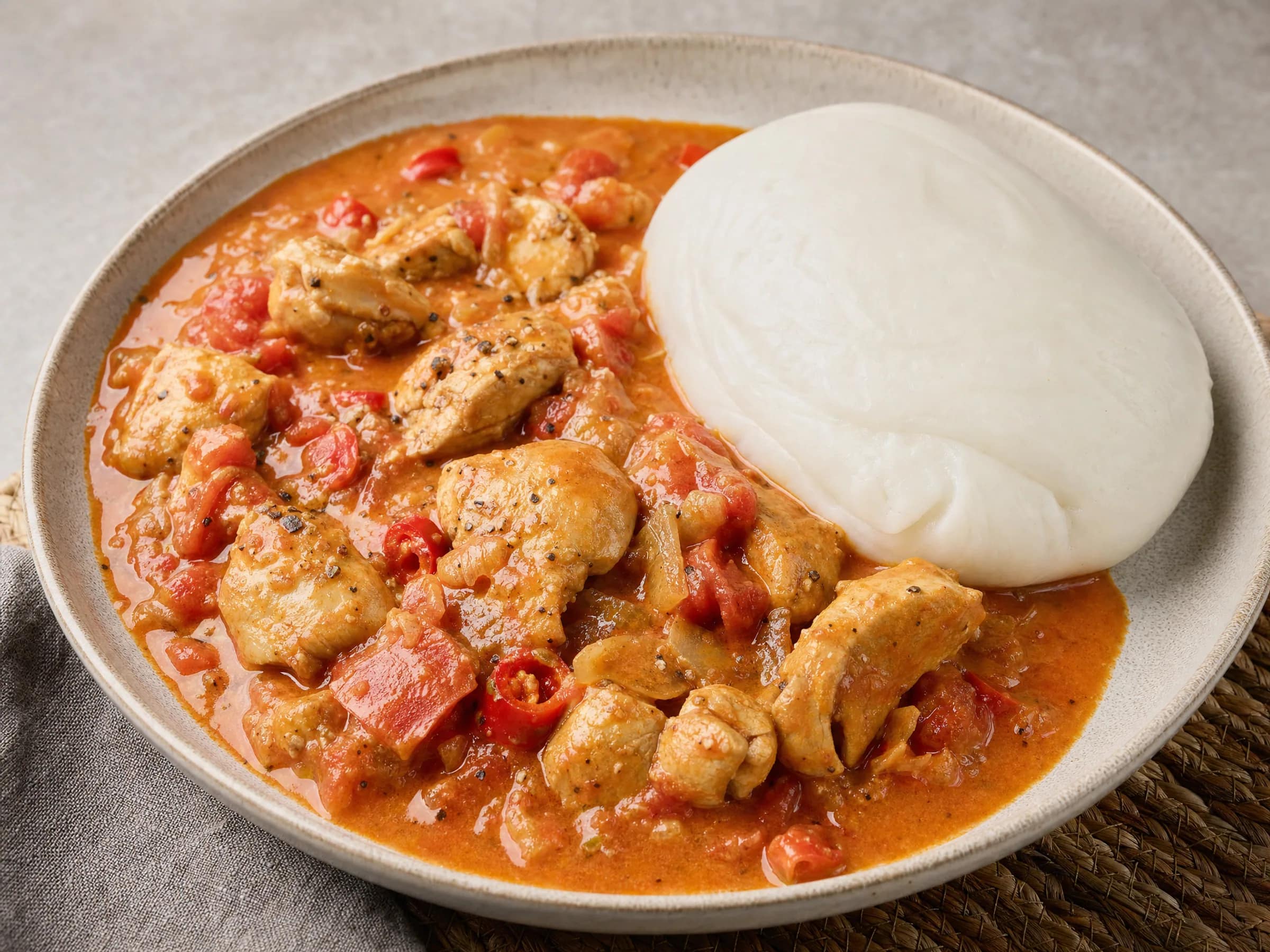 Fufu aus Maniok- und Kochbananenmehl mit Erdnuss-Hähnchensoße