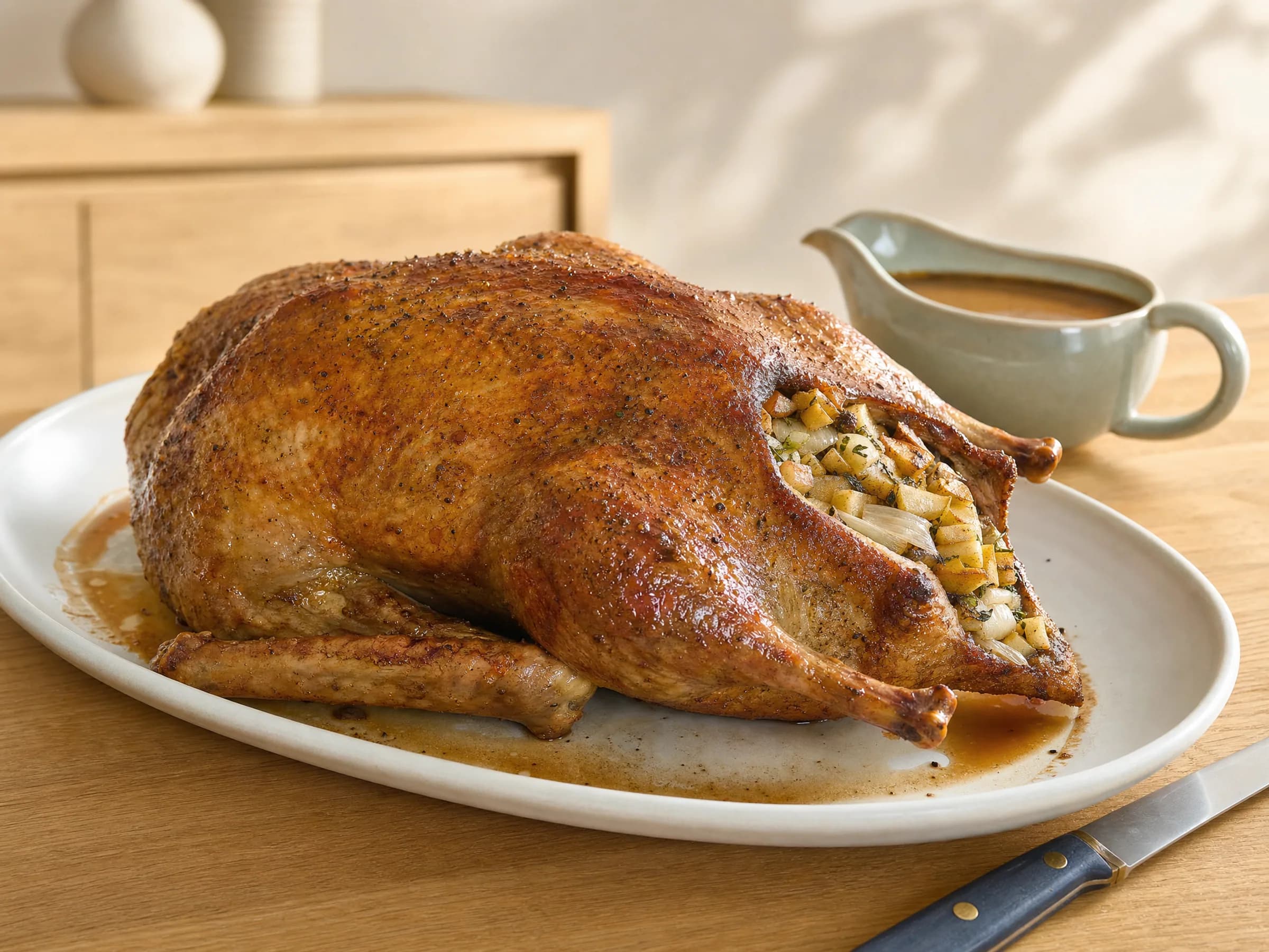 Gänsebraten aus dem Backofen mit Apfel-Zwiebel-Füllung Rezeptfoto Gänsebraten aus dem Backofen mit Apfel-Zwiebel-Füllung fertig angerichtet