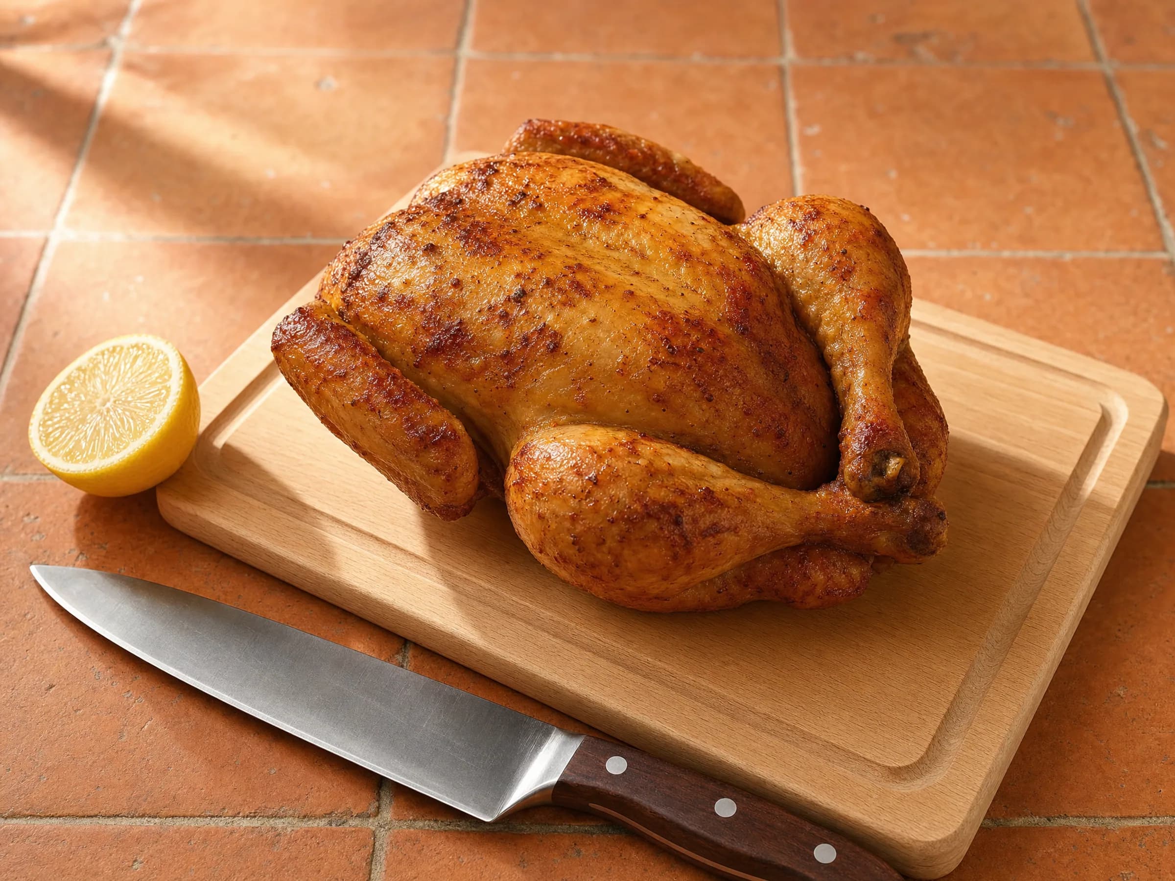 Ganzes Hähnchen im Airfryer mit Paprika und Thymian Rezeptfoto Ganzes Hähnchen im Airfryer mit Paprika und Thymian fertig angerichtet