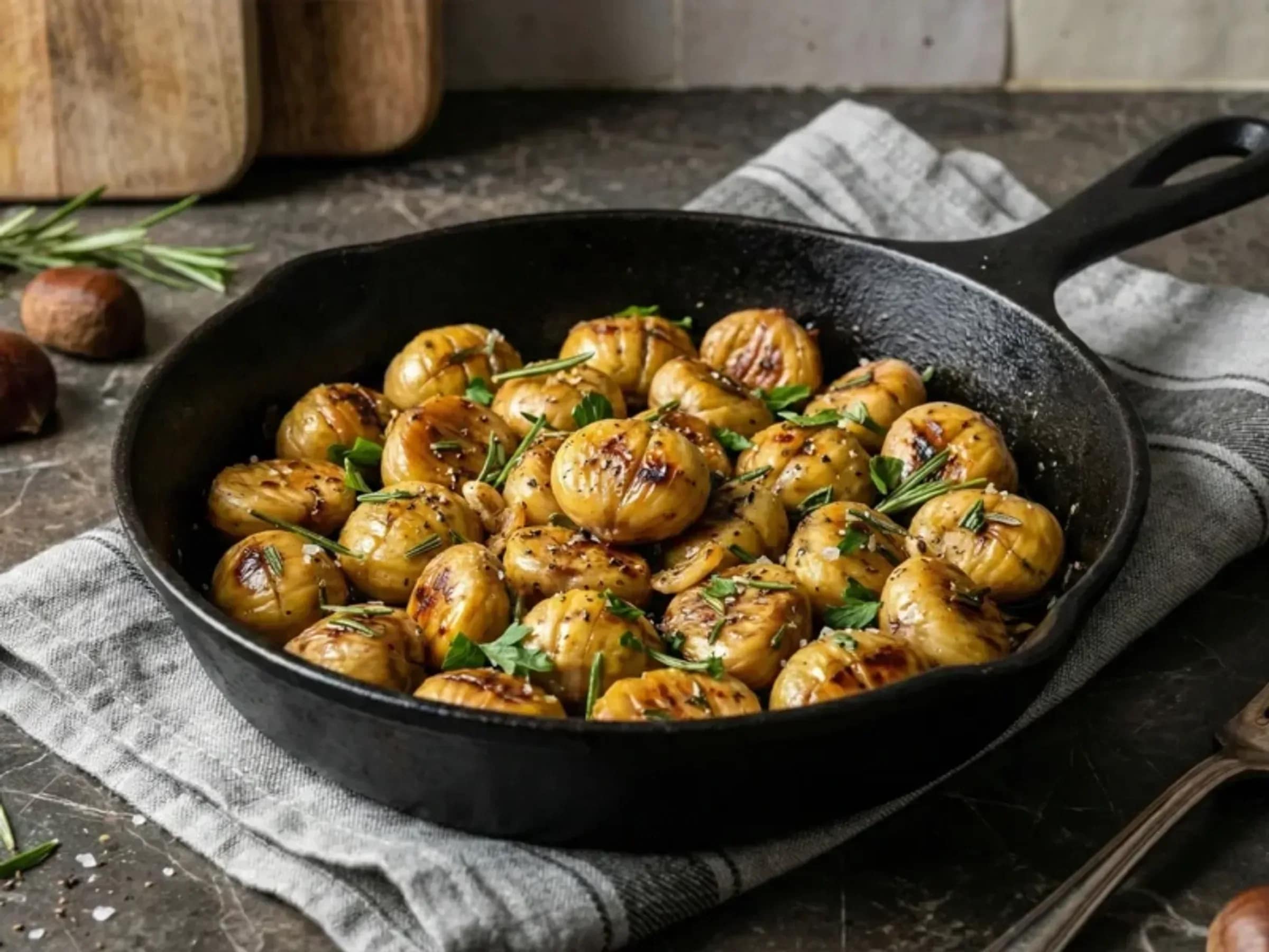 Gebratene Maronen mit Kräutern Goldbraun gebratene Maronen mit Rosmarin, Knoblauch und Petersilie