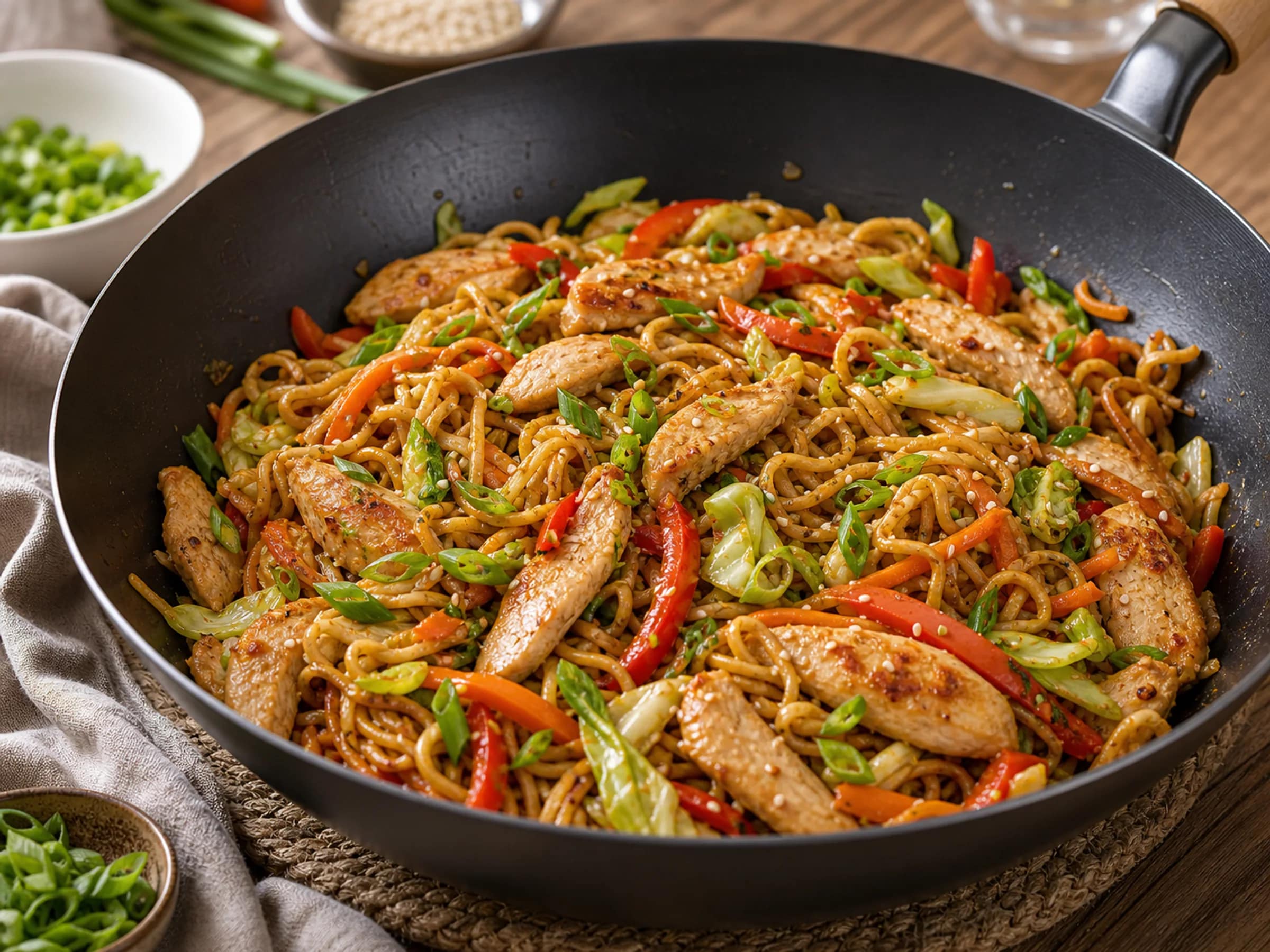 Gebratene Nudeln mit Hühnchen wie vom Asia-Imbiss