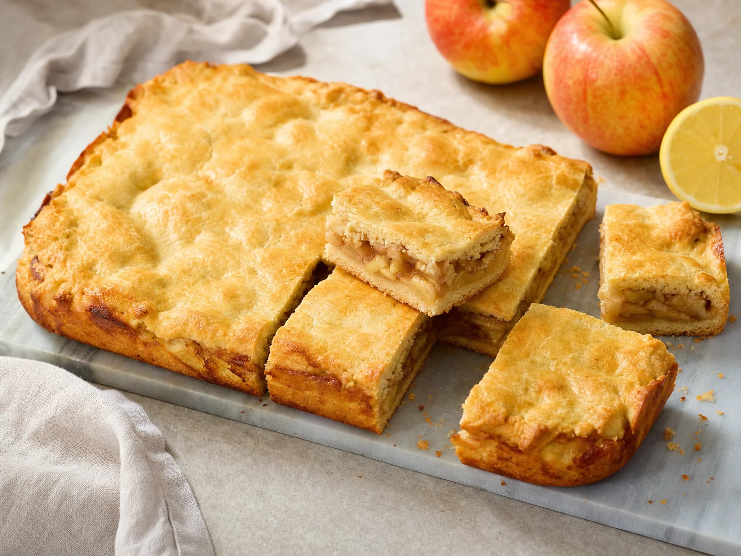 Gedeckter Apfelkuchen vom Blech mit mürbem Deckel Rezeptfoto Gedeckter Apfelkuchen vom Blech mit mürbem Deckel fertig angerichtet