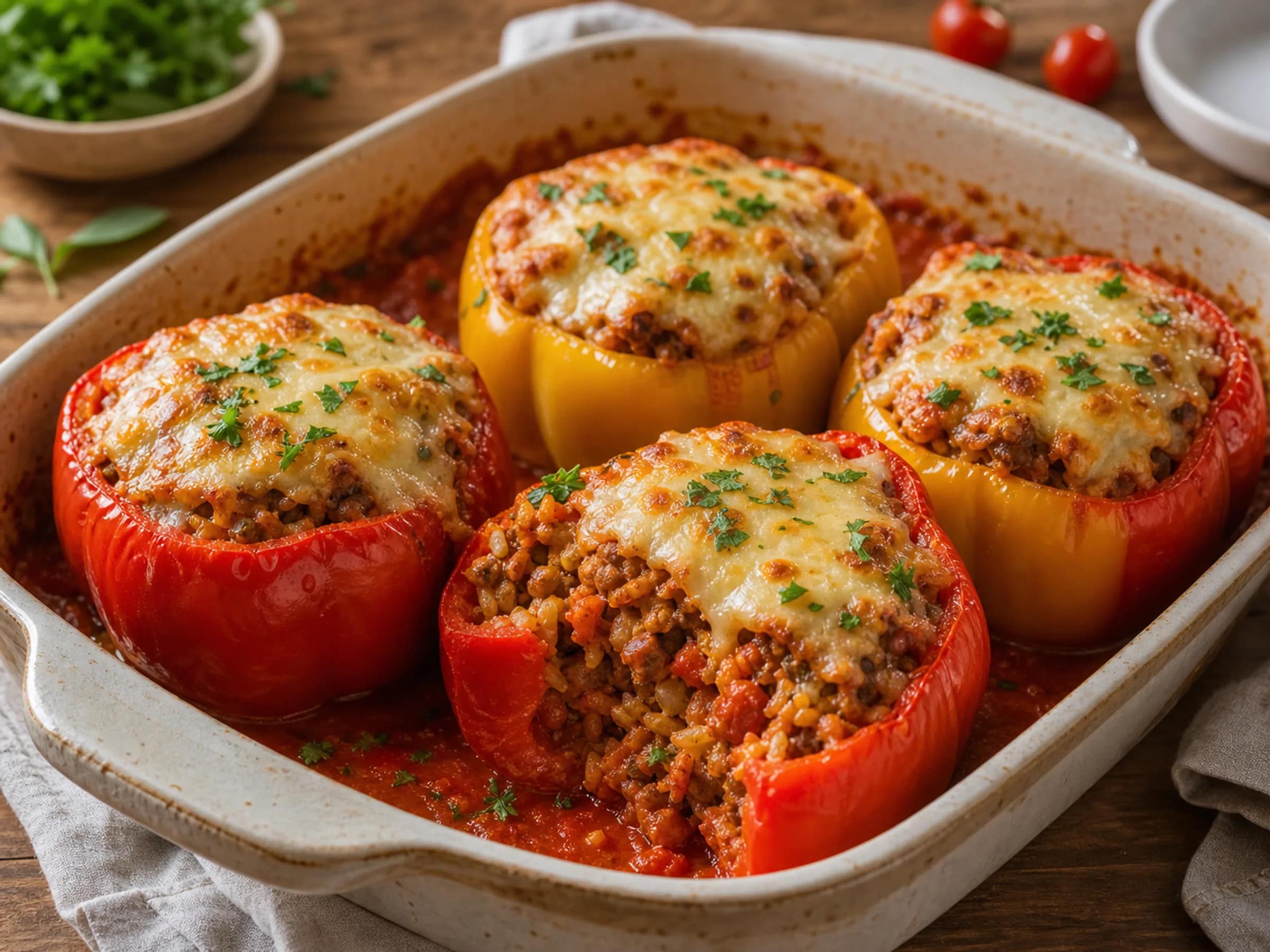 Gefüllte Paprika mit Reis und Käse überbacken
