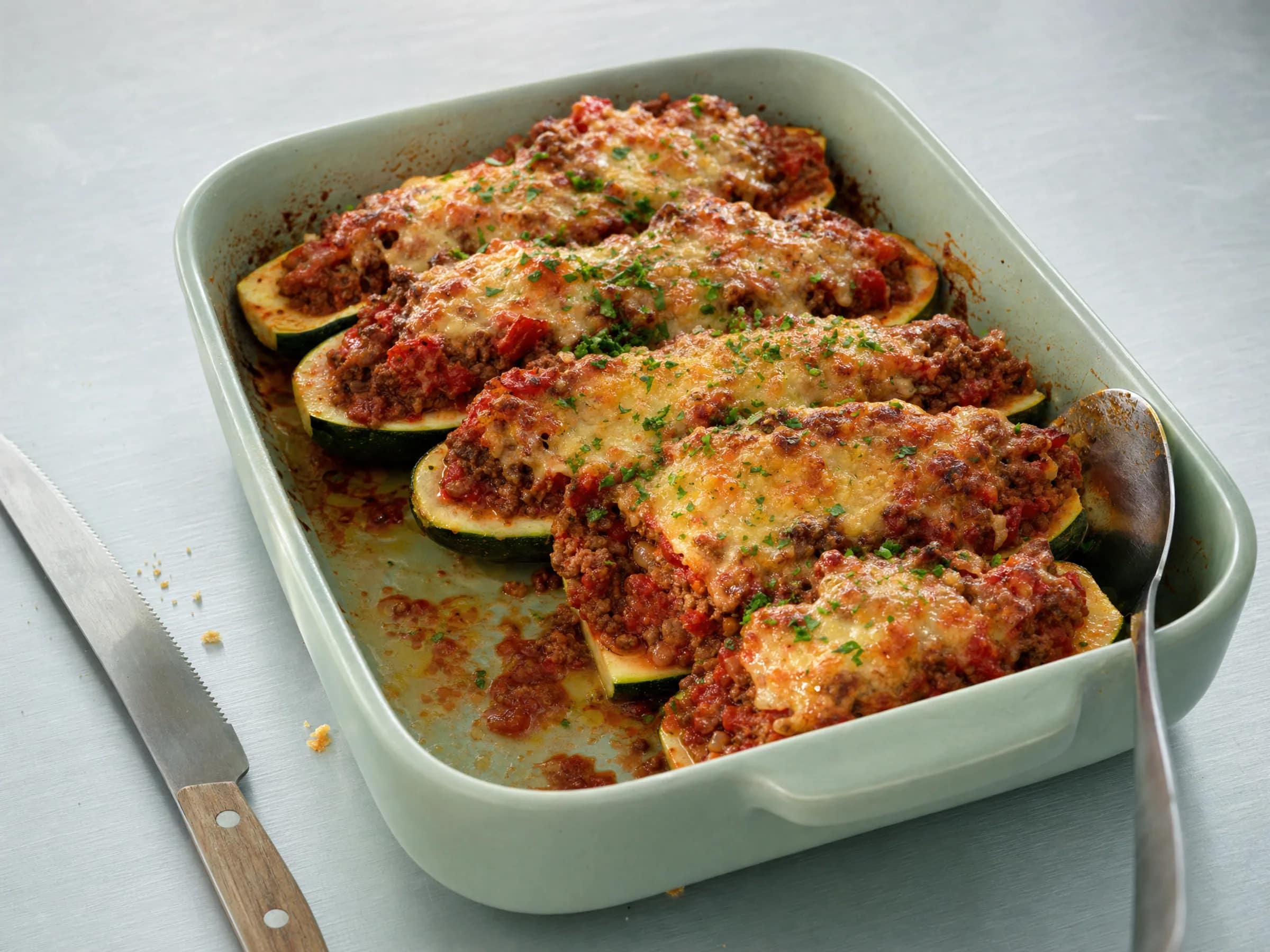 Gefüllte Zucchini mit Hackfleisch und Käsehaube