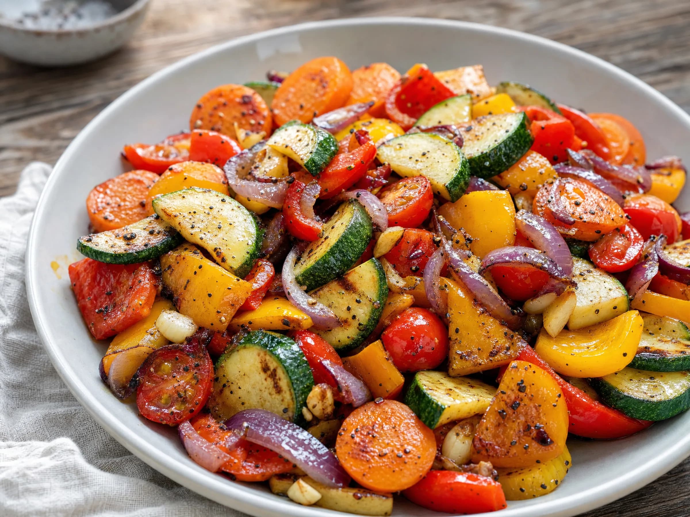 Bunte Gemüsepfanne mit Paprika und Zucchini Gebratene Gemüsepfanne mit Möhren, roter und gelber Paprika, Zucchini und Tomaten