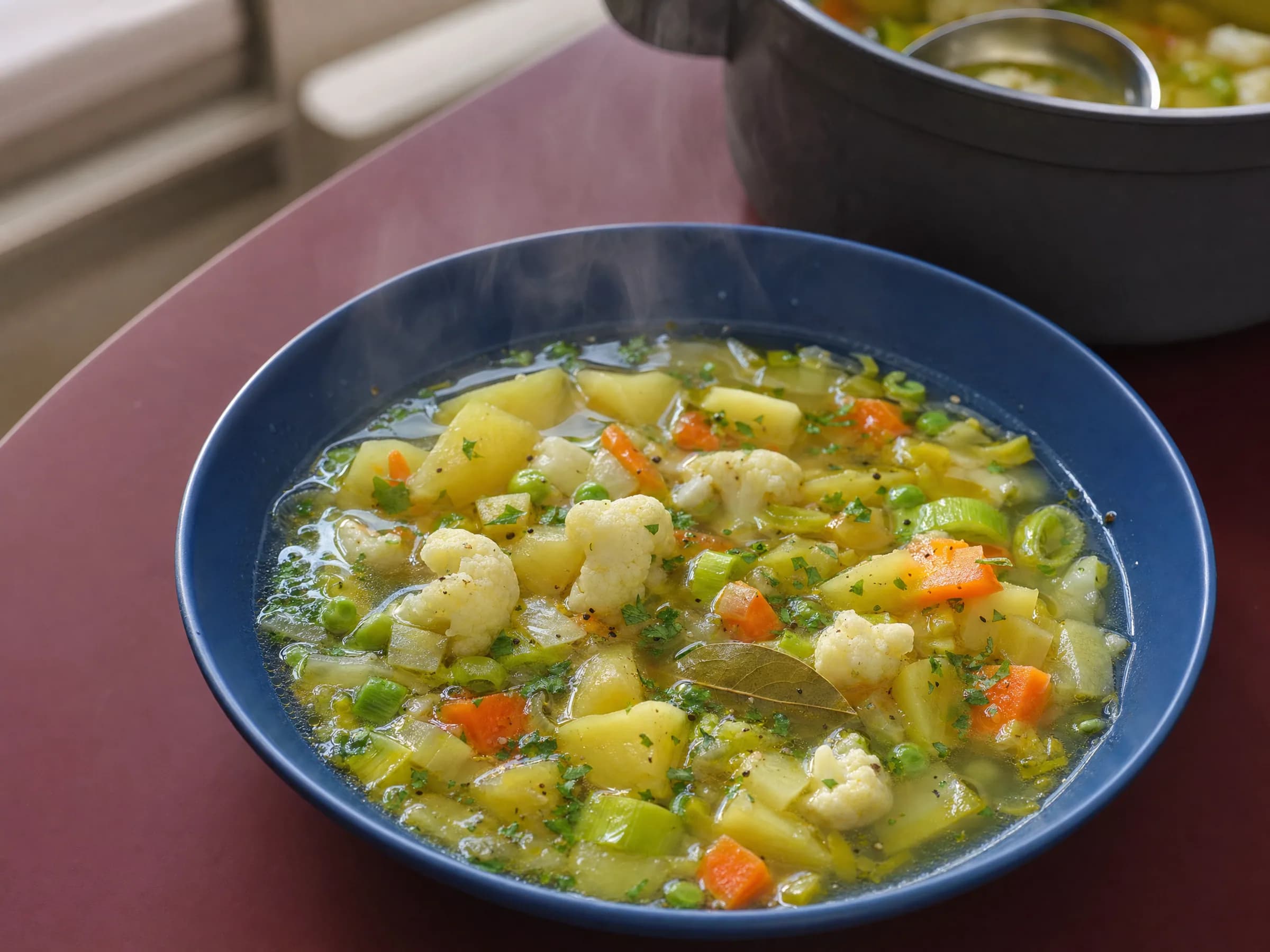 Klare Gemüsesuppe mit Kartoffeln und buntem Gemüse Klare Gemüsesuppe mit Kartoffeln, Möhren, Blumenkohl, Lauch, Erbsen und sichtbarem Lorbeerblatt in einer hellen Schale