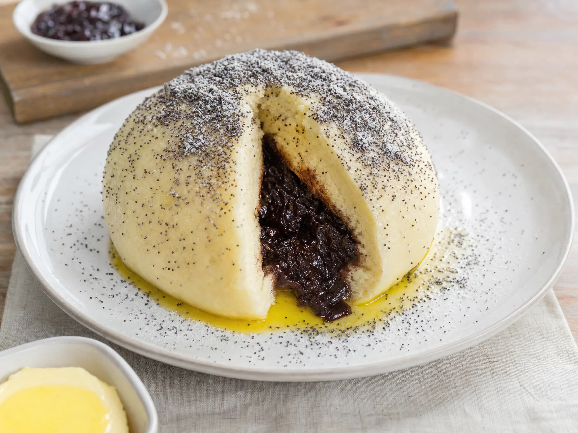 Aufgeschnittener Hefeknödel mit Pflaumenfüllung Aufgeschnittener Hefeknödel mit grobstückiger dunkler Pflaumenfüllung, Mohn und geschmolzener Butter auf einem Teller