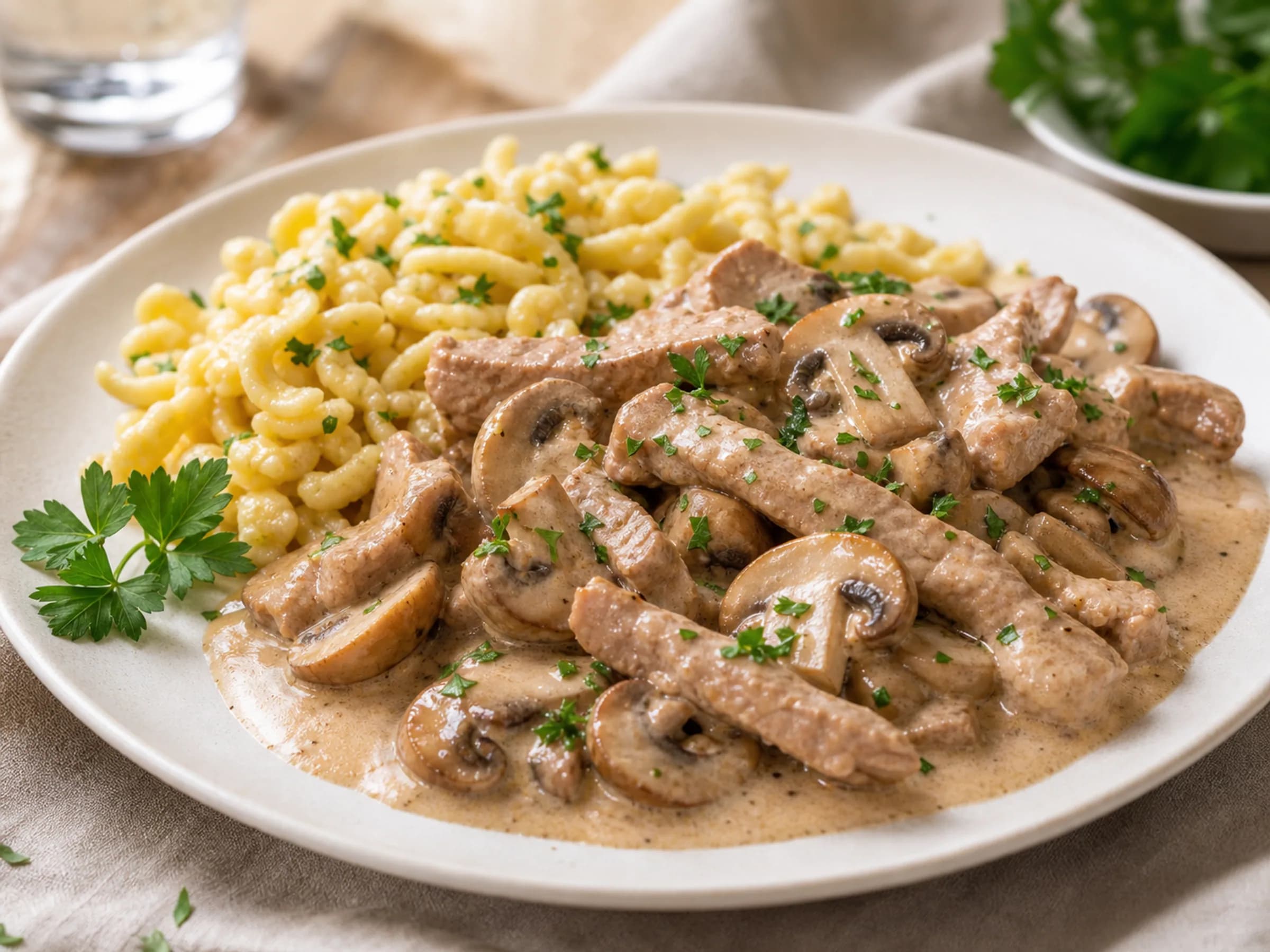 Kalbsgeschnetzeltes mit Champignons und Spätzle als Beilage Kalbsgeschnetzeltes mit Champignons in Rahmsoße neben gelben Spätzle auf einem Teller