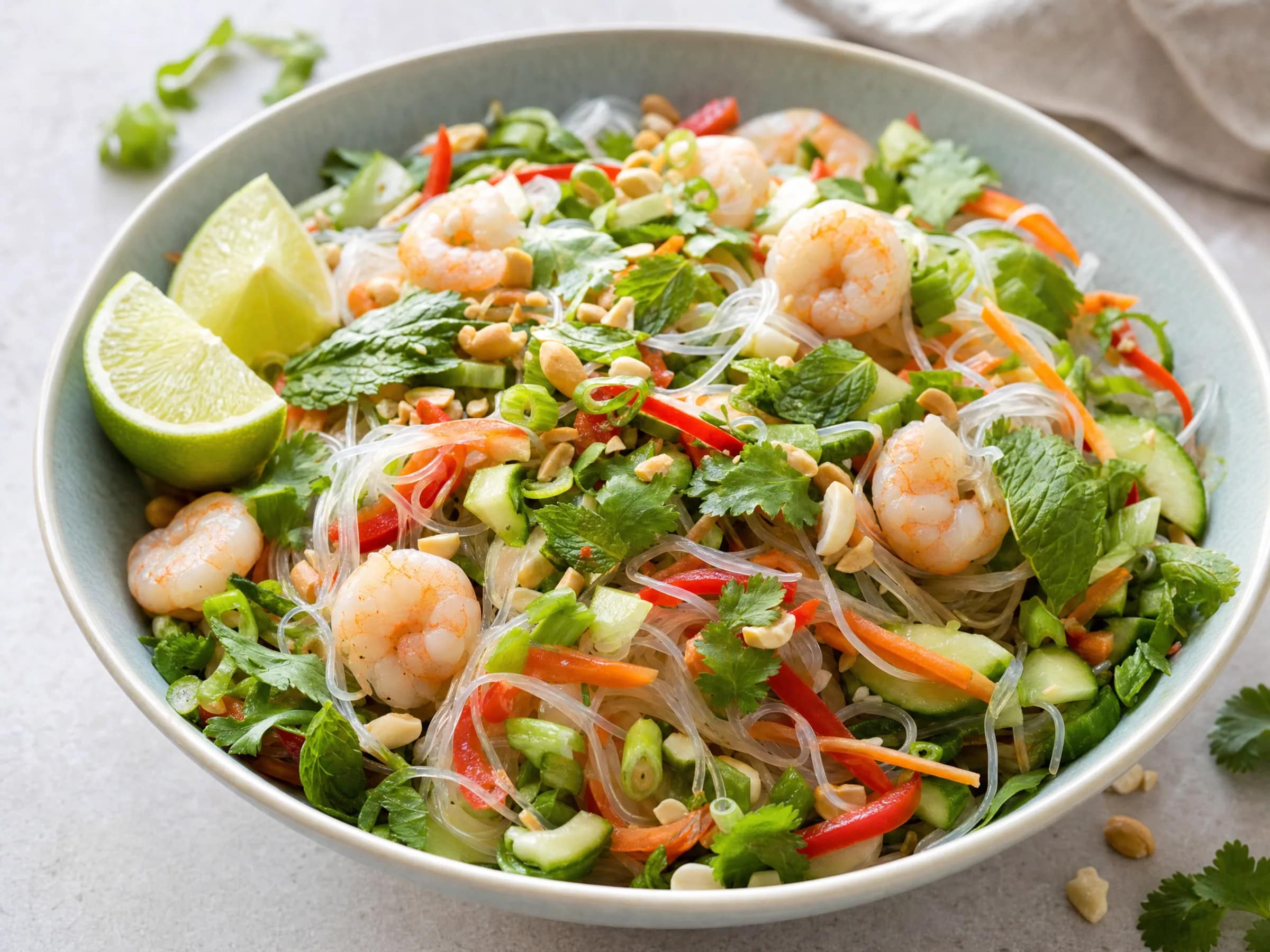 Glasnudelsalat mit Garnelen, Kräutern und Limetten-Dressing