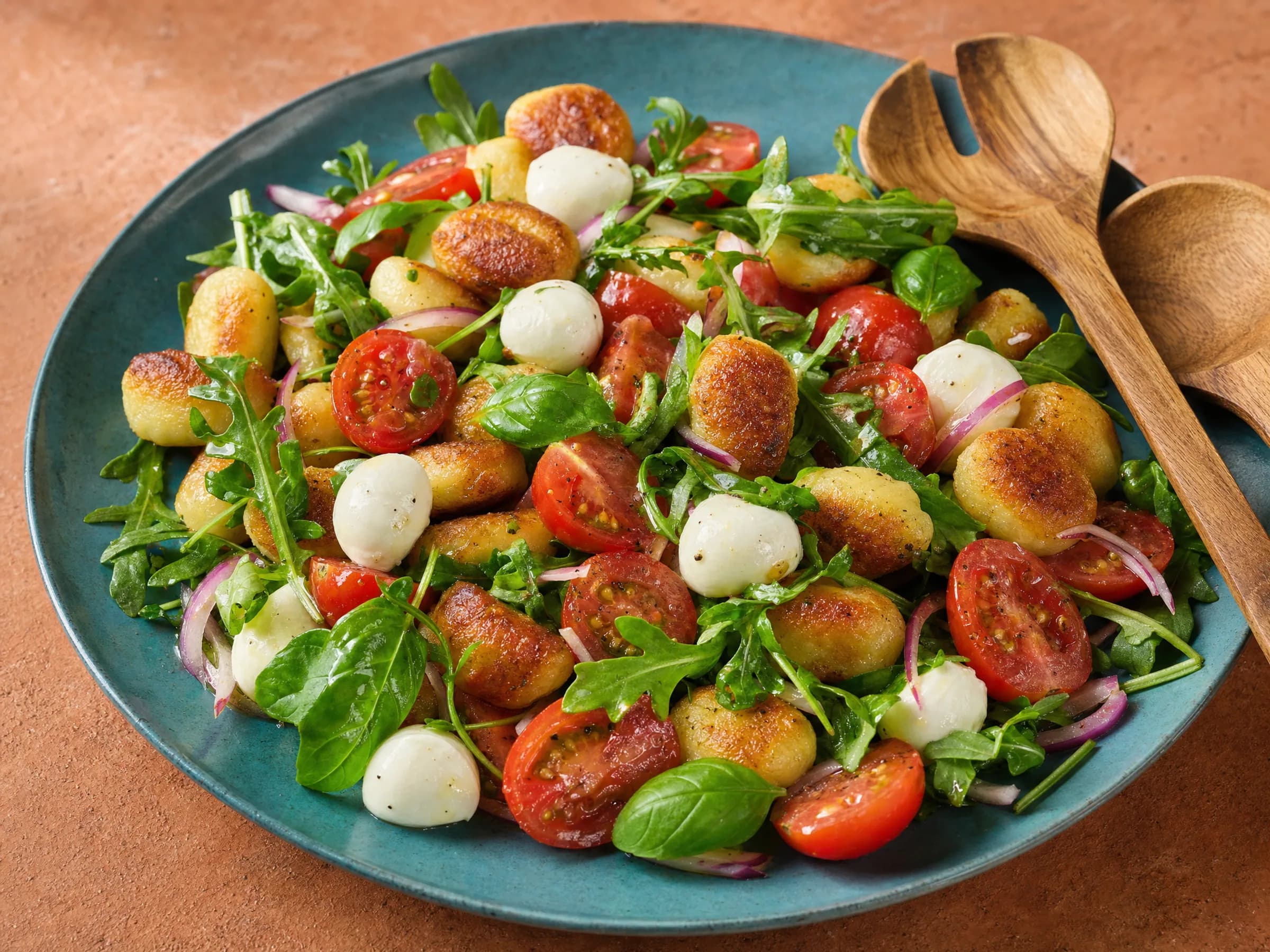 Gnocchi-Salat mit Rucola, Tomaten und Mini-Mozzarella Goldbraun gebratene Gnocchi mit Rucola, halbierten Kirschtomaten, Mini-Mozzarella und roten Zwiebelstreifen