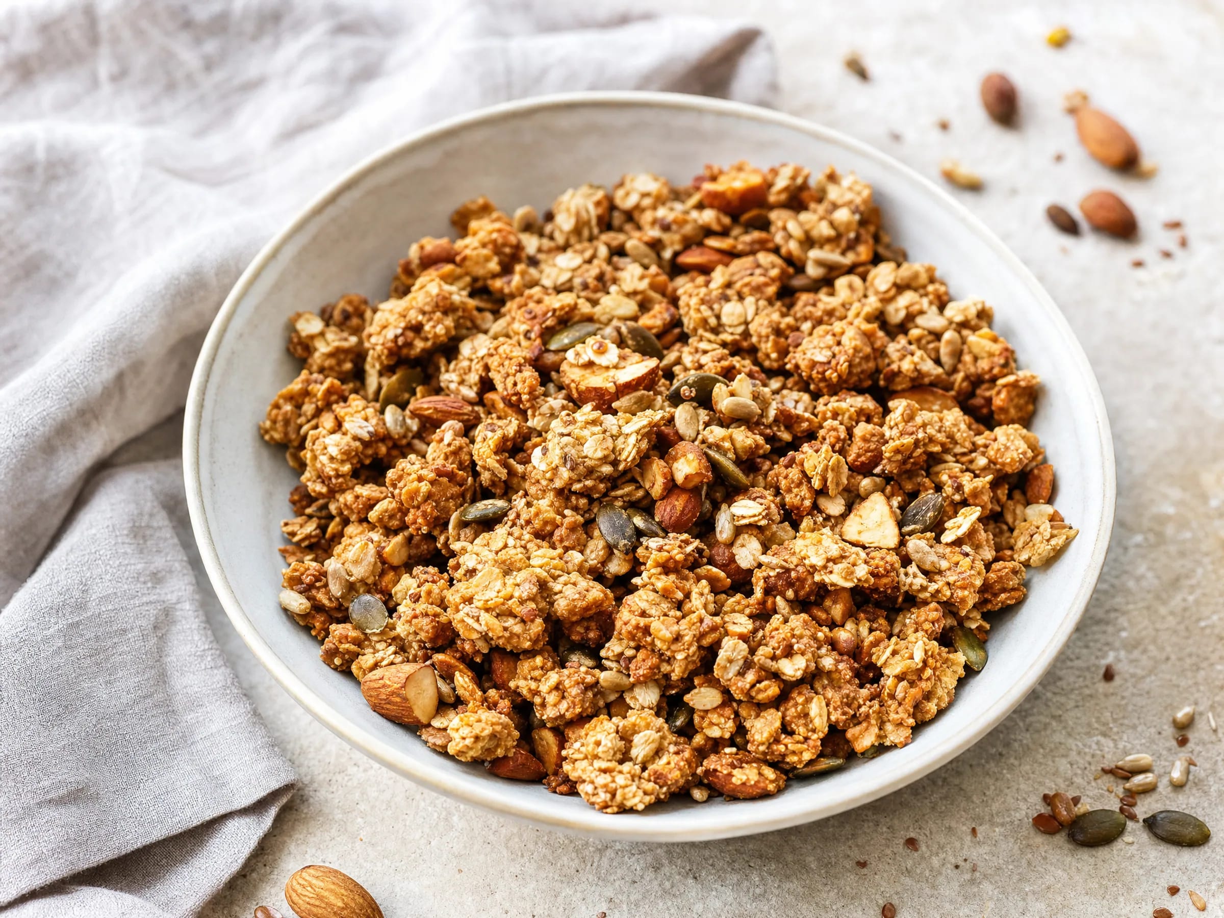 Granola selber machen – knusprige Cluster ohne raffinierten Zucker Rezeptfoto Granola selber machen – knusprige Cluster ohne raffinierten Zucker fertig angerichtet