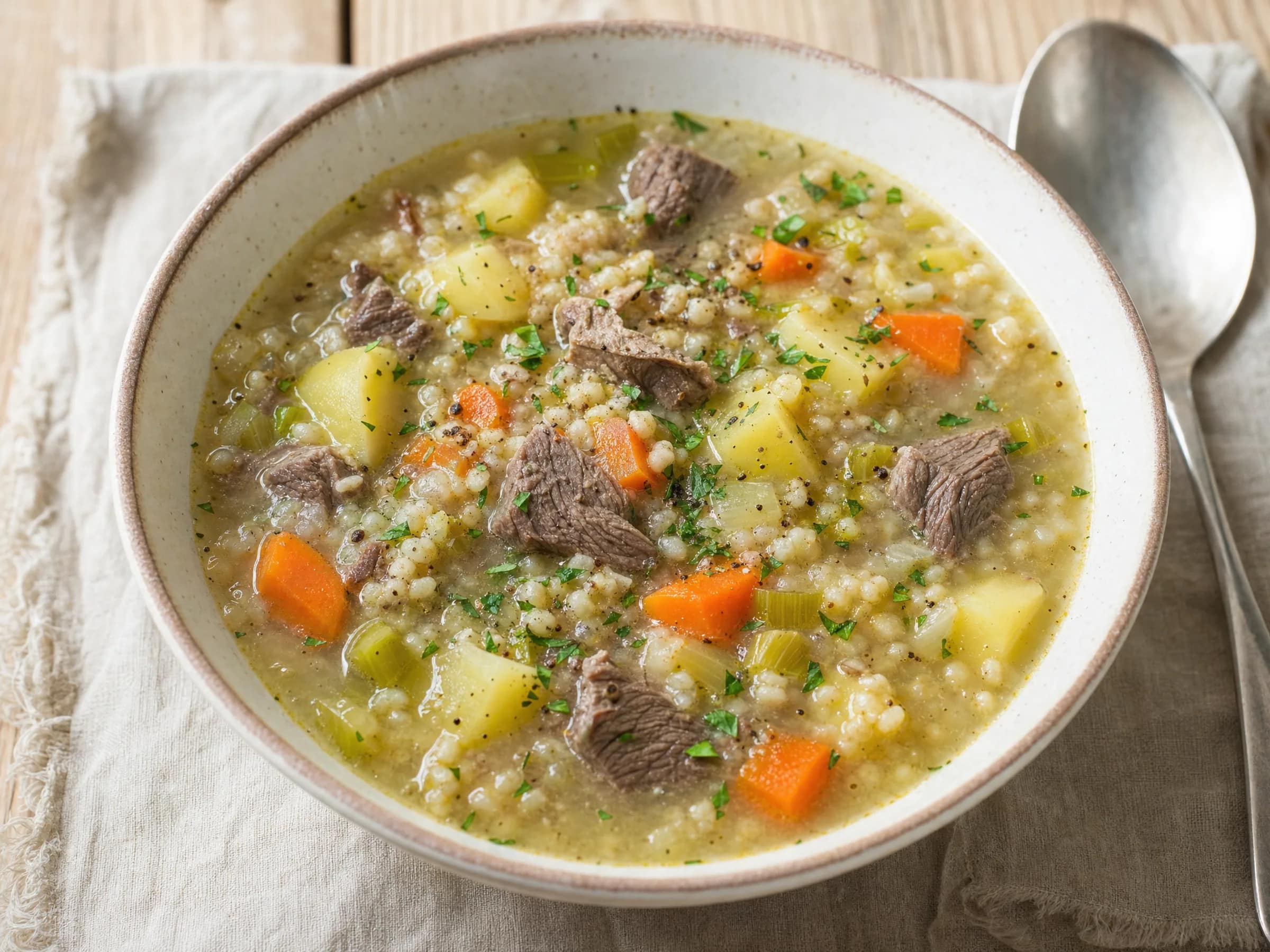 Graupensuppe mit Rindfleisch und Perlgraupen