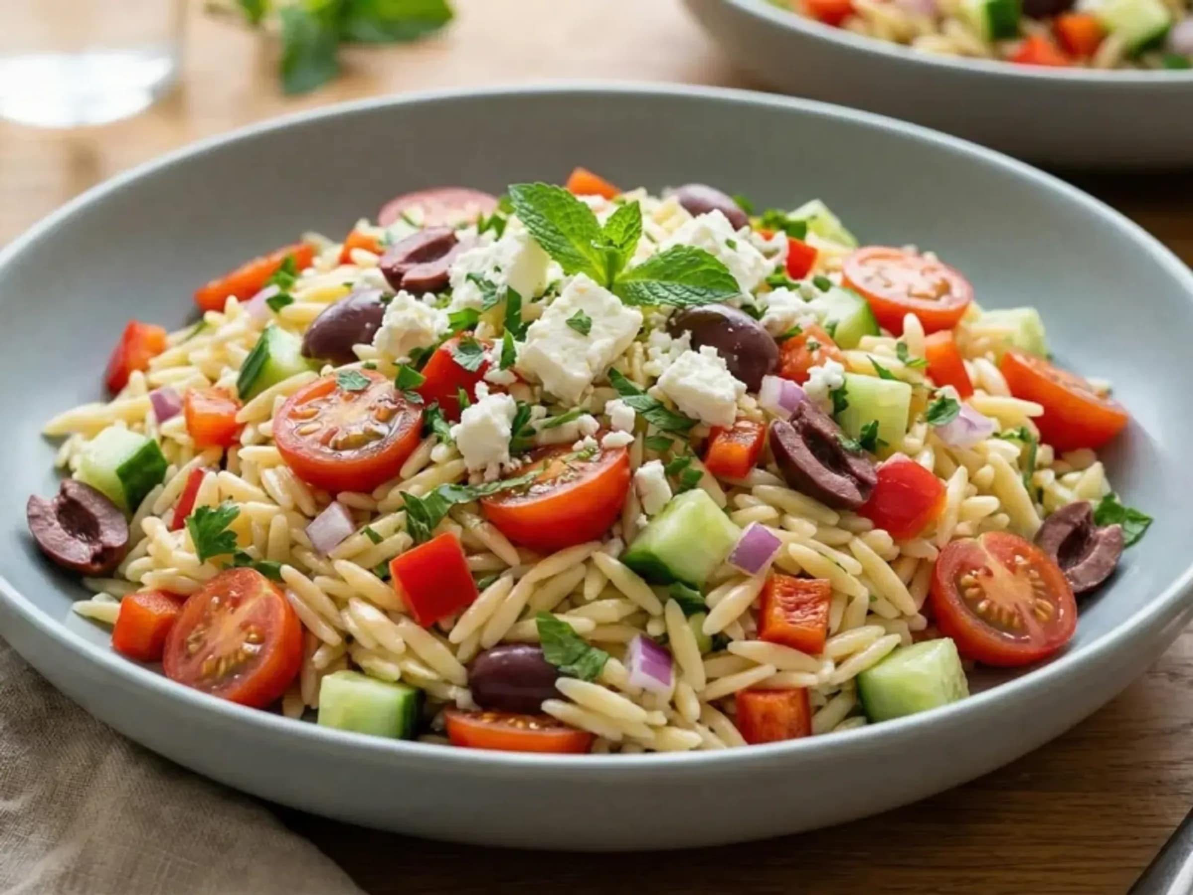 Kritharaki-Salat mit Kichererbsen, Feta und Oliven