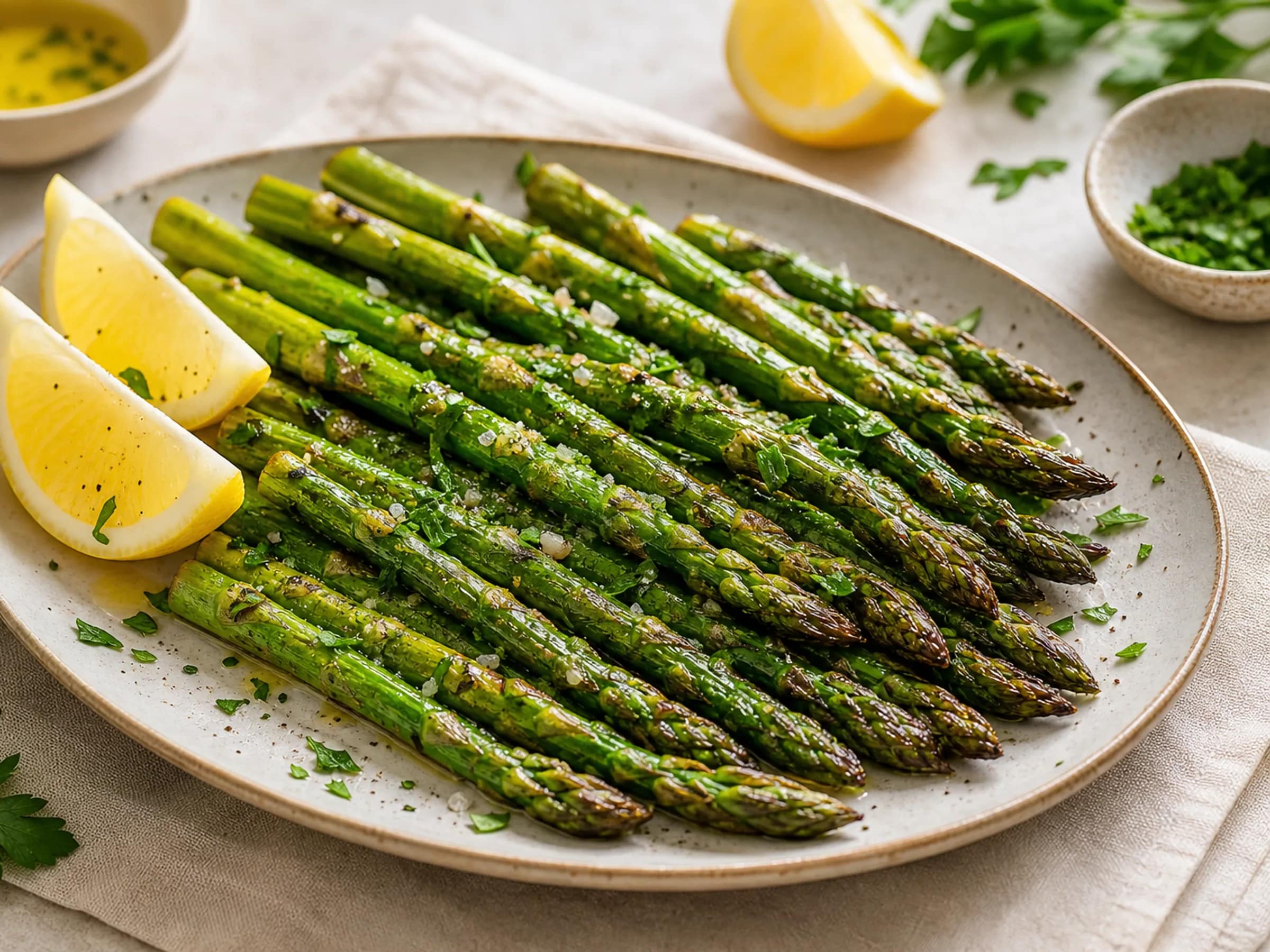 Grüner Spargel aus dem Airfryer Grüner Spargel aus dem Airfryer mit Zitrone und Petersilie
