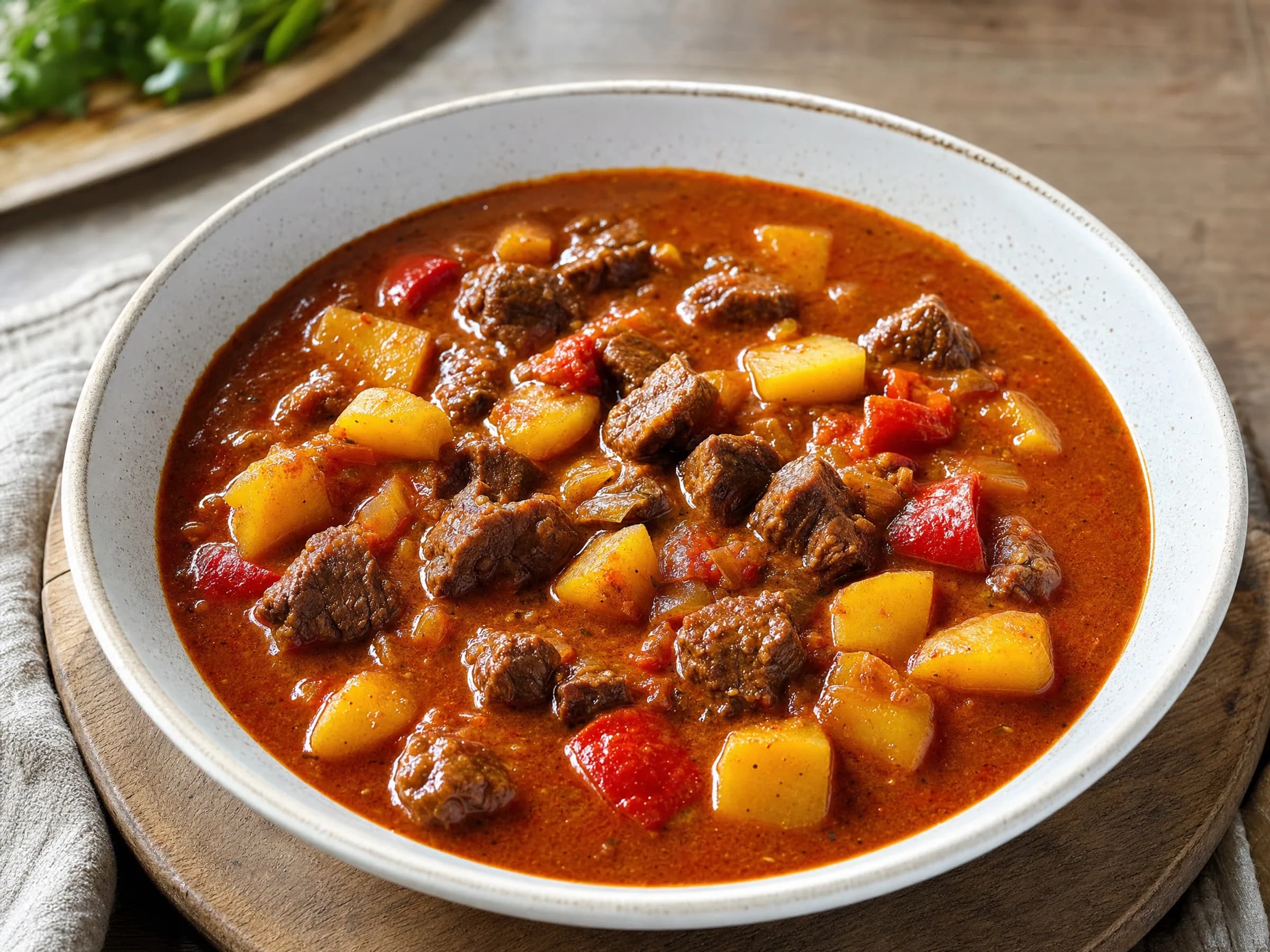 Gulaschsuppe mit Rind und Kartoffeln – Rezeptfoto Rote Gulaschsuppe mit Rind, Kartoffeln und Paprikastücken in heller Schale