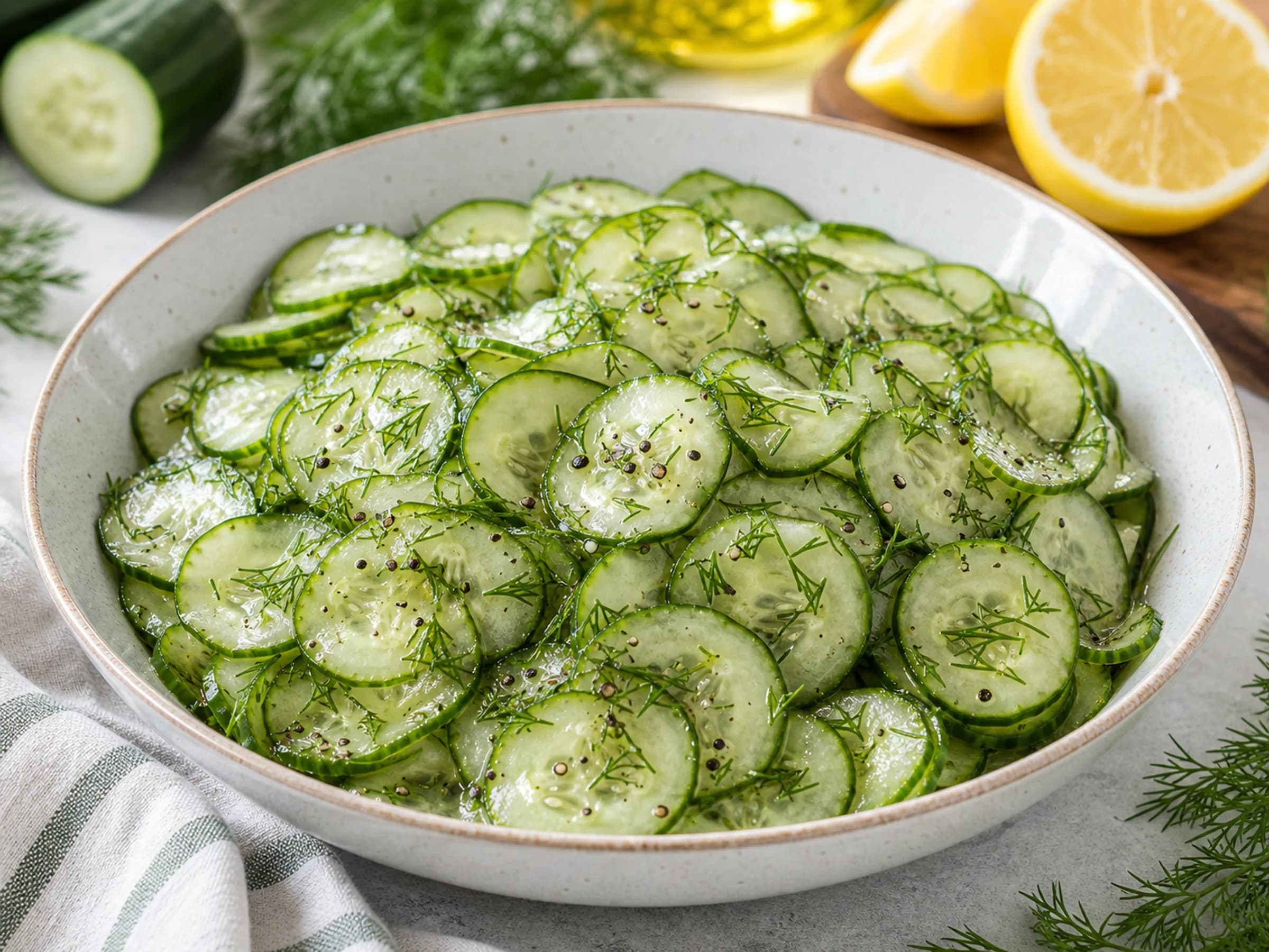 Gurkensalat mit Dill – Rezeptfoto Gurkensalat mit Dill und Zitronenhälften in heller Schale