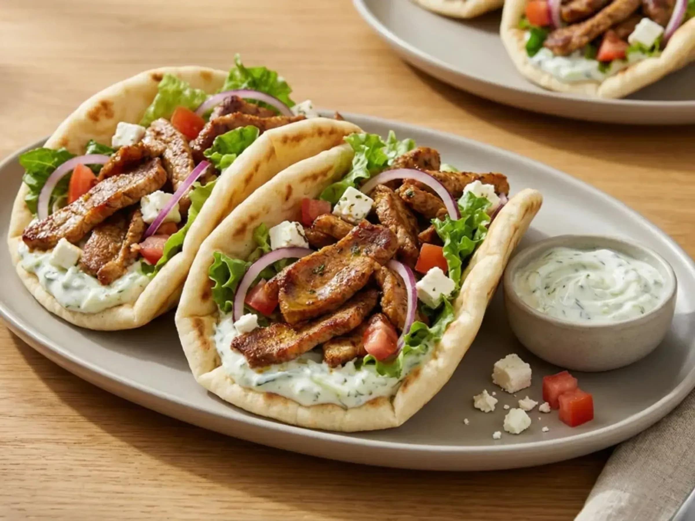 Gyros-Pita mit Tzatziki und Feta