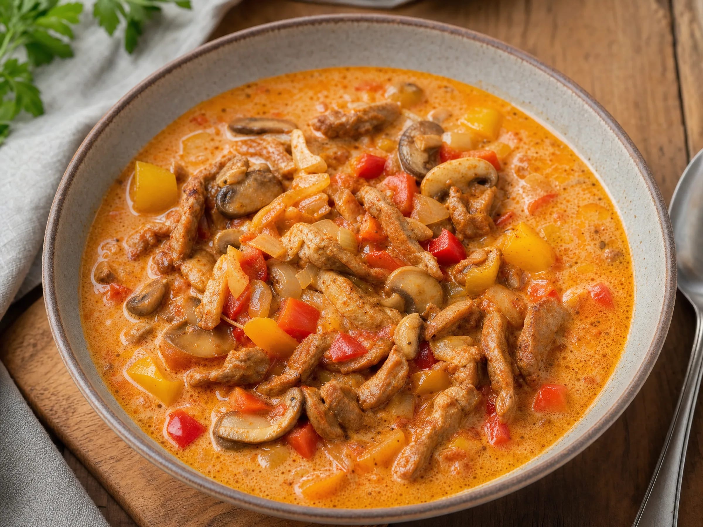 Gyrossuppe mit fertigem Gyros – cremig und partyfest Rezeptfoto Gyrossuppe mit fertigem Gyros – cremig und partyfest fertig angerichtet
