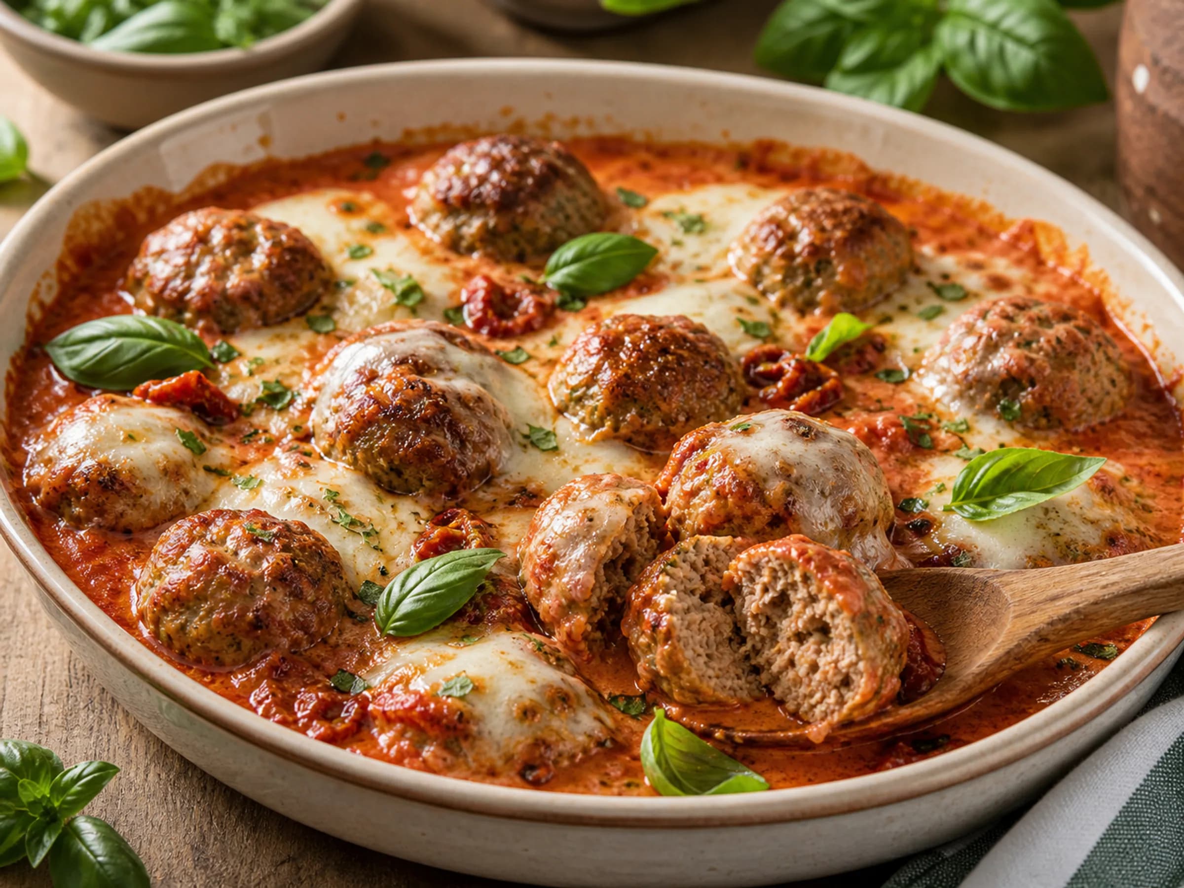 Hackbällchen Toskana mit Tomatensauce und Mozzarella Überbackene Hackbällchen in Tomatensauce mit geschmolzenem Käse und Basilikum in einer runden Ofenform