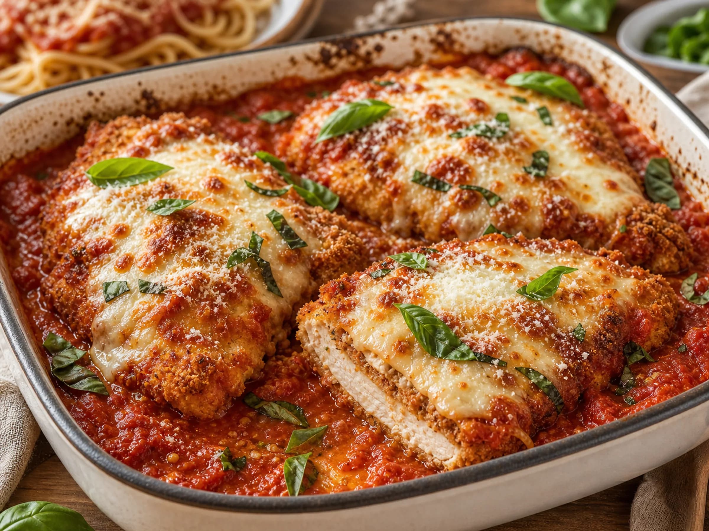 Chicken Parmigiana mit sichtbarer Pasta-Requisite Überbackene Chicken Parmigiana mit stückiger Tomatensauce, Basilikum und Pasta-Schale im Hintergrund
