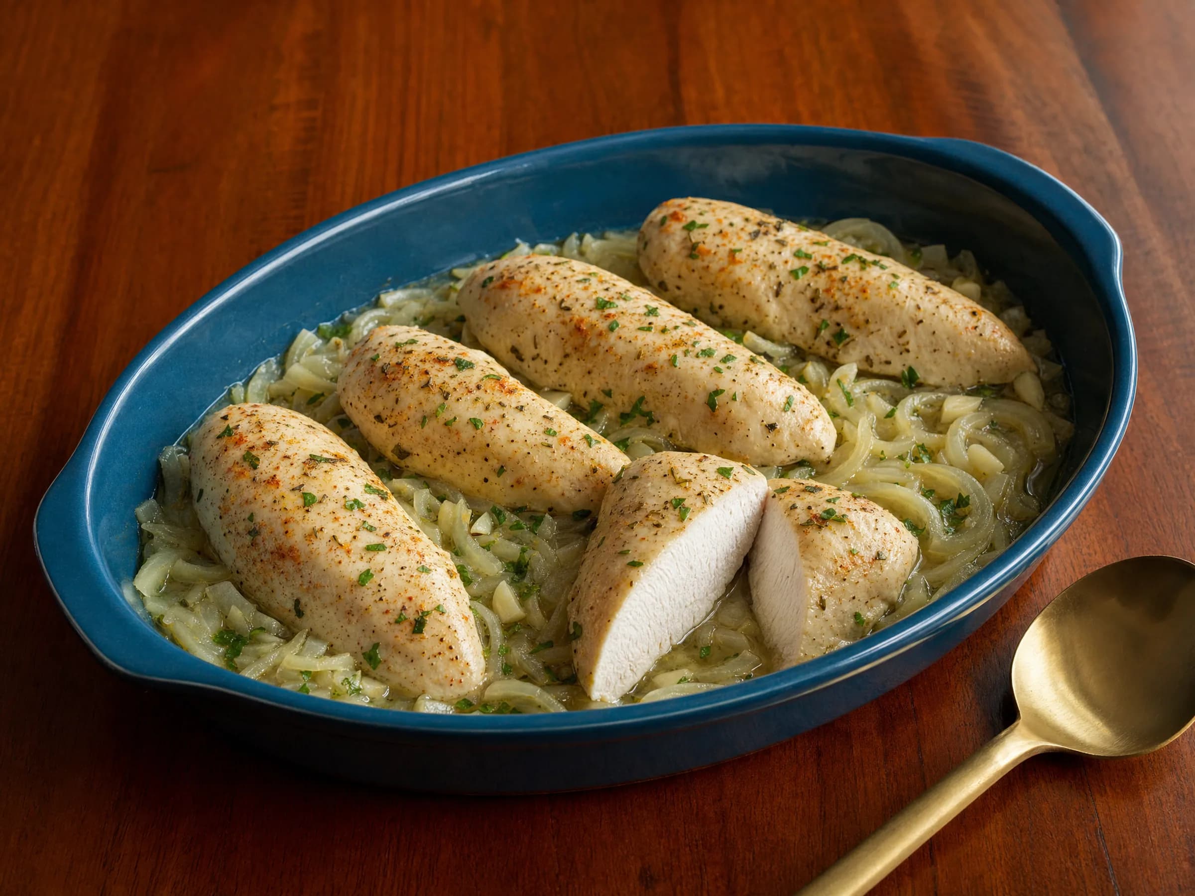 Hähnchenbrustfilets auf Zwiebelbett in heller Brühe Helle Hähnchenbrustfilets auf weichen Zwiebeln in einer Ofenform