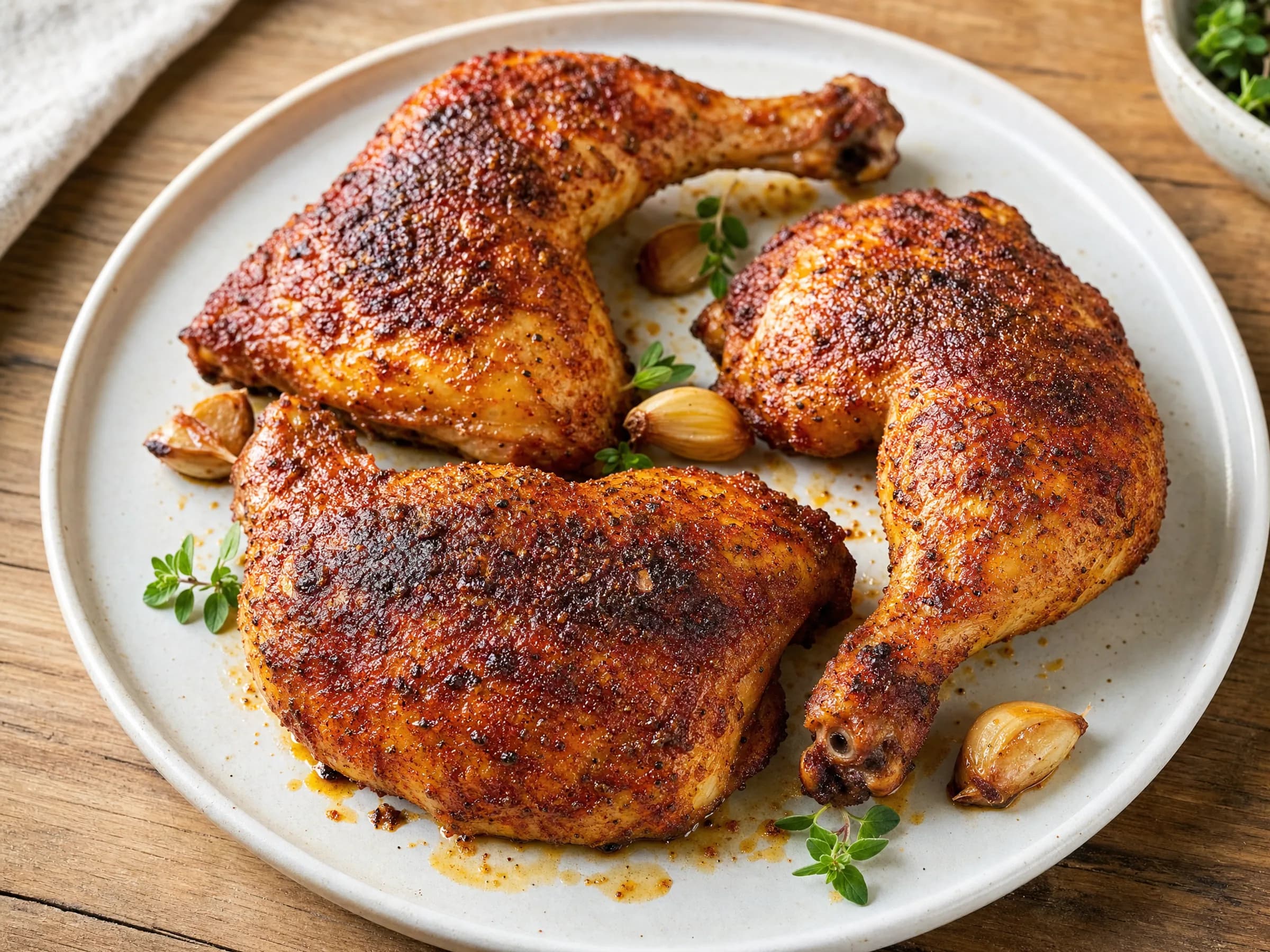 Hähnchenschenkel im Backofen – knusprig mit Paprika-Knoblauch-Würzung Rezeptfoto Hähnchenschenkel im Backofen – knusprig mit Paprika-Knoblauch-Würzung fertig angerichtet