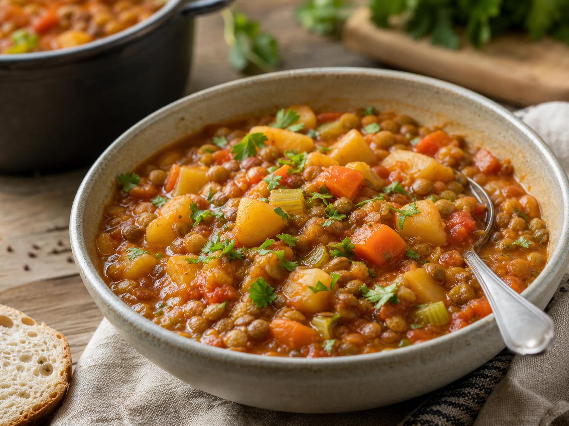 Vegetarischer Linseneintopf mit Kartoffeln