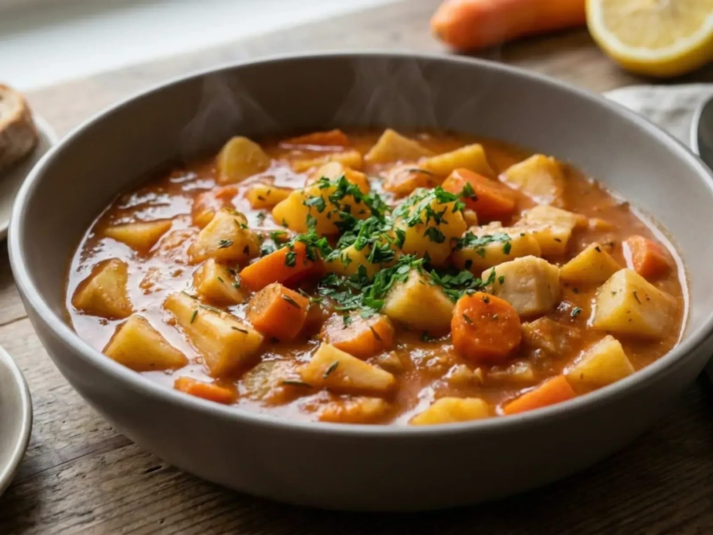 Veganer Wurzelgemüse-Eintopf Veganer Wurzelgemüse-Eintopf mit Kartoffeln, Karotten, Pastinaken und Petersilie