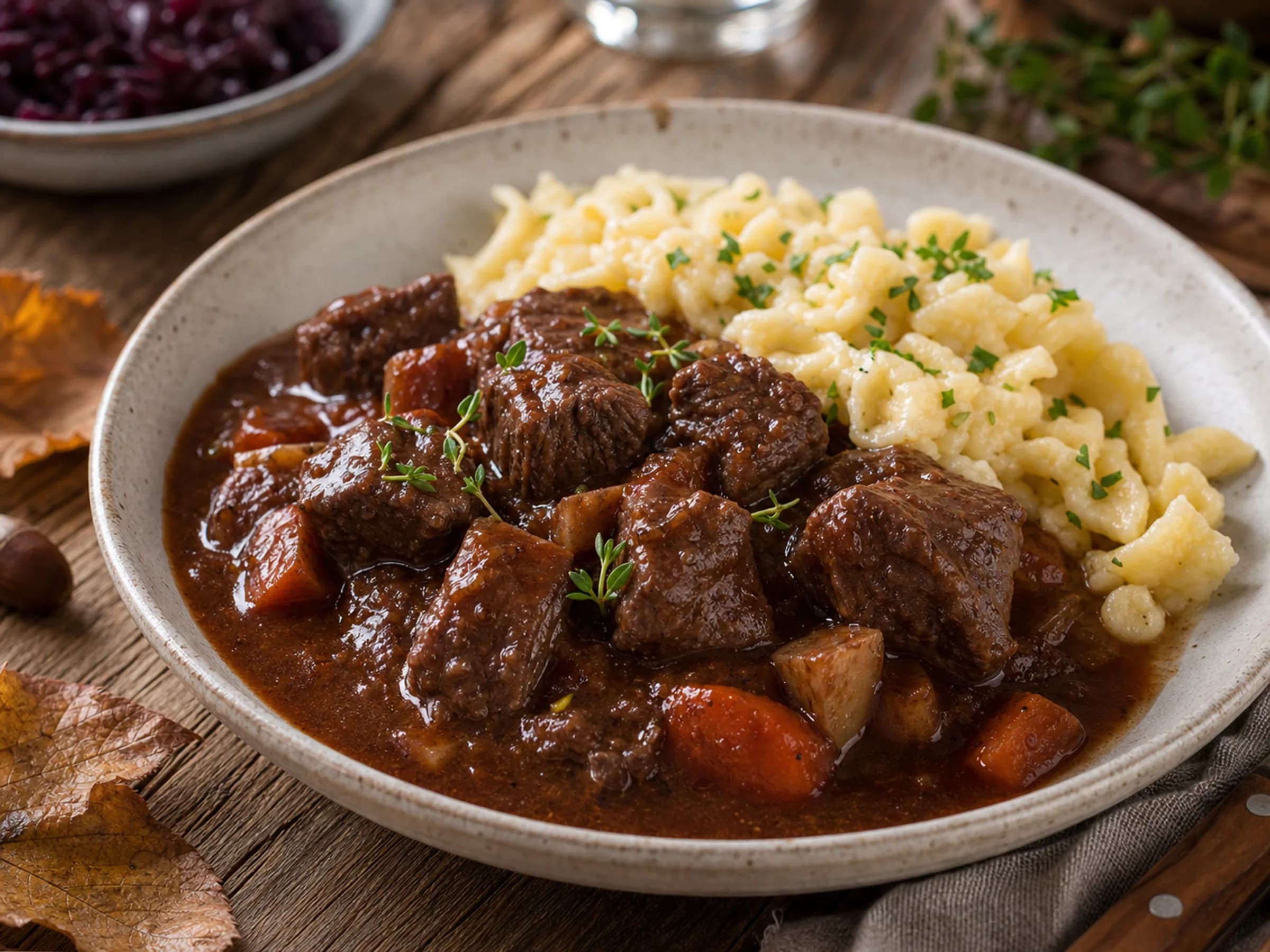 Hirschgulasch mit Rotwein und Wacholder Hirschgulasch in dunkler Sauce mit Petersilie und sichtbaren Spätzle