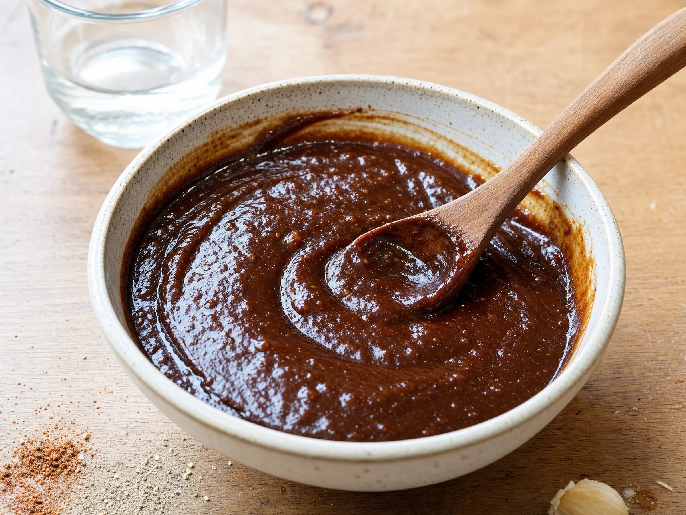 Hoisin-Sauce mit Miso in einer Schale Dunkle Hoisin-Sauce mit Miso in einer hellen Schale mit Holzlöffel