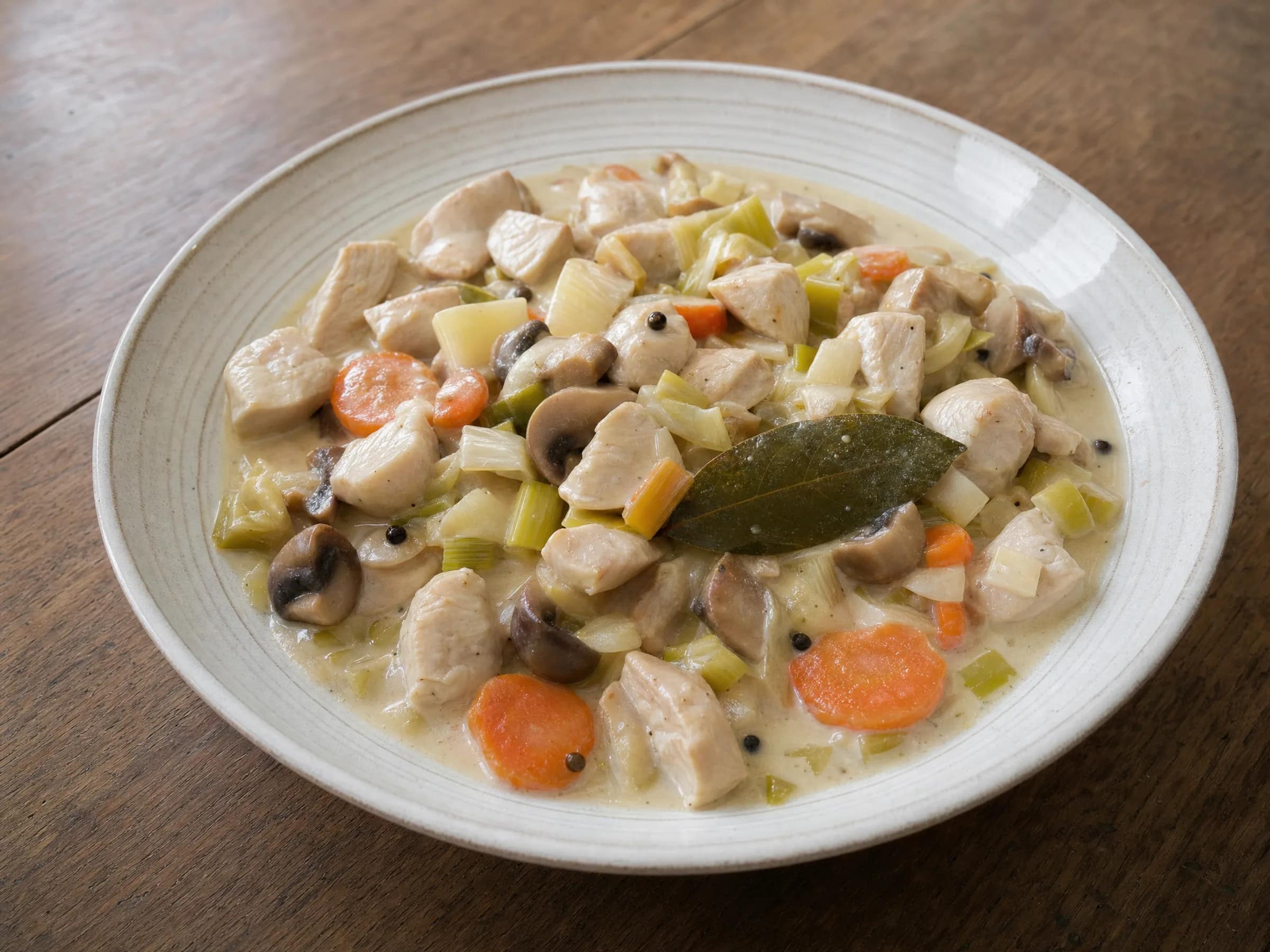 Helles Hähnchenragout mit Möhren, Lauch, Champignons und Lorbeer Helles Hähnchenragout mit Hähnchenstücken, Möhrenscheiben, Lauch, Champignons, Lorbeerblatt und ganzen Pfefferkörnern in einer Schale