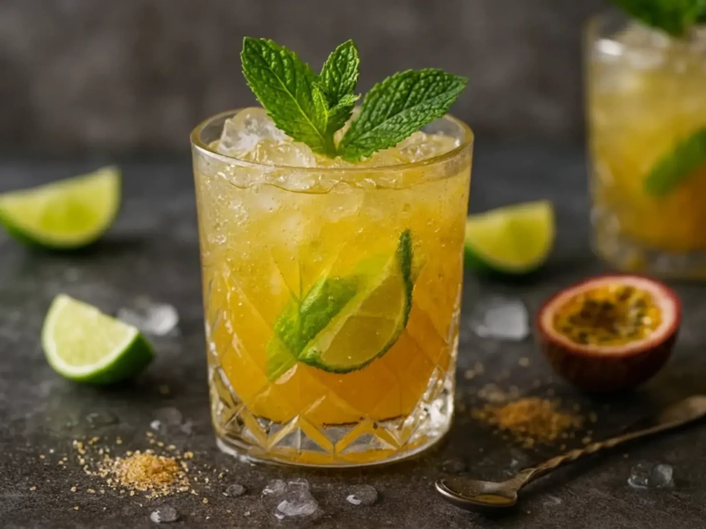 Alkoholfreier Ipanema mit Limette, Passionsfrucht und Minze Heller alkoholfreier Ipanema mit Limettenscheiben, halber Passionsfrucht, Minze und Eiswürfeln
