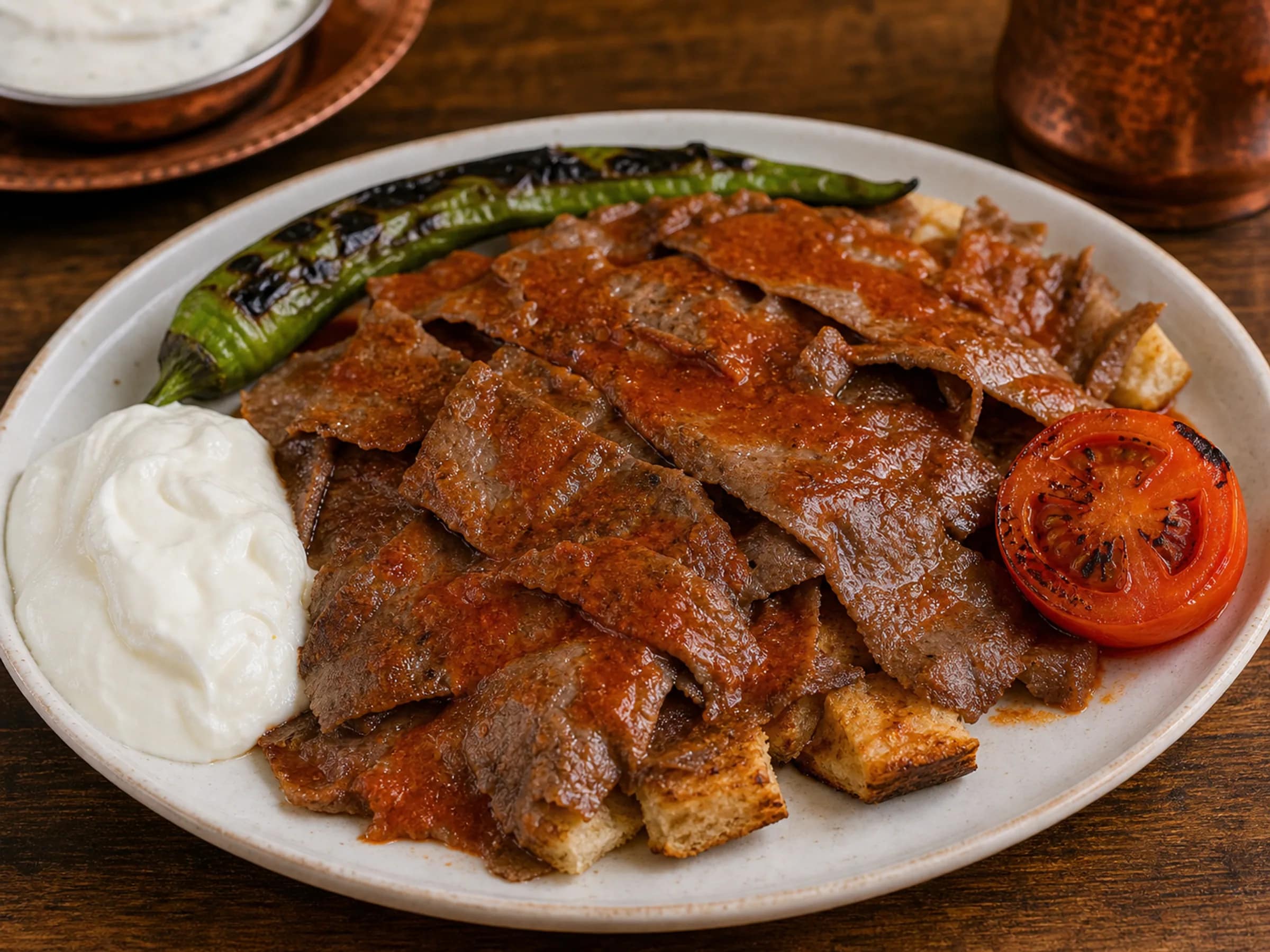 İskender-inspirierter Pfannenteller mit Rind und Pide İskender-inspirierter Pfannenteller mit Rind auf Pide, Tomatensauce, Joghurt, gerösteter grüner Paprika und Tomate