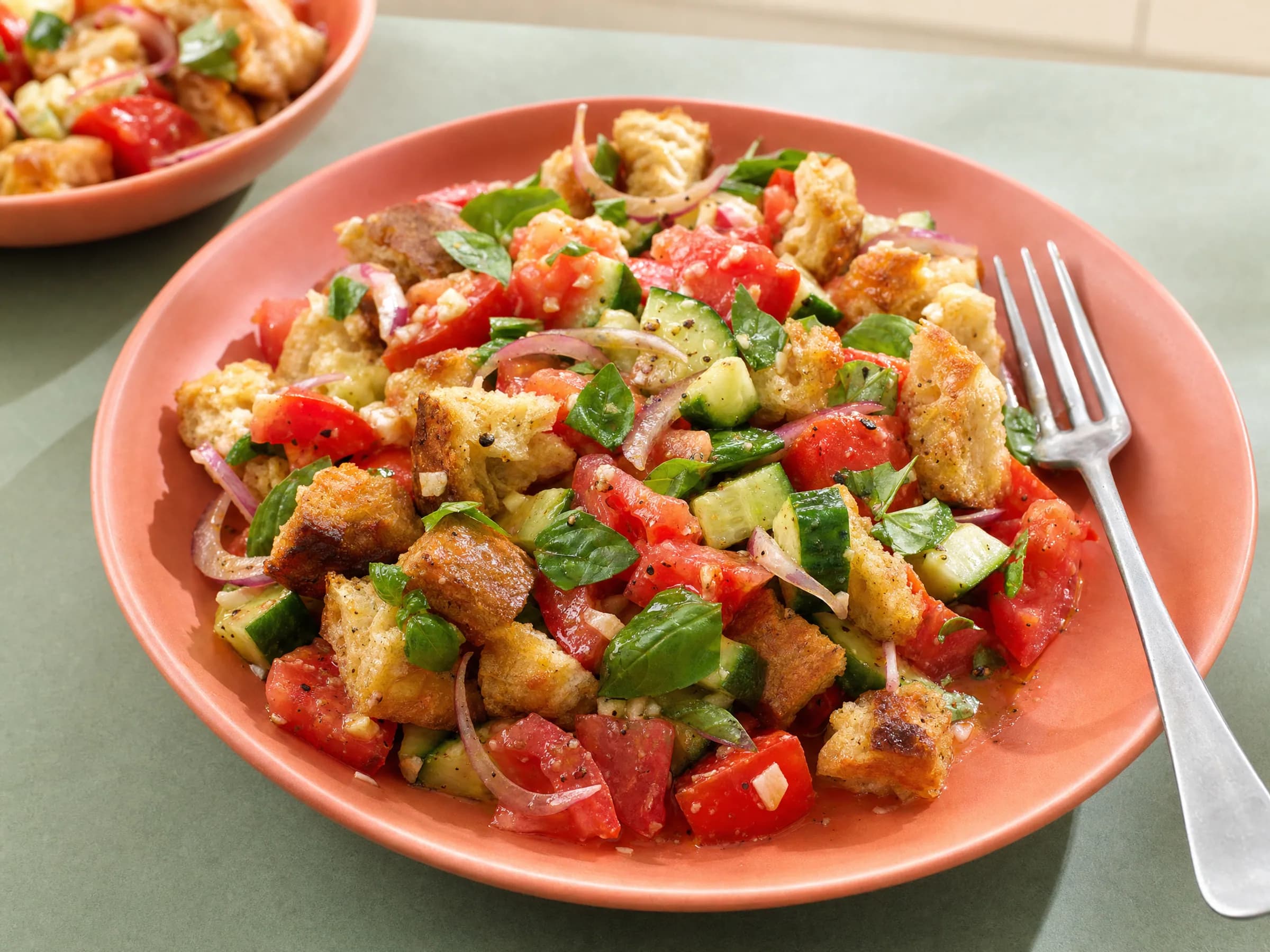 Italienischer Brotsalat mit Röstbrot – moderne Panzanella Moderner Panzanella-Brotsalat mit geröstetem Ciabatta, Tomaten, Gurke, roter Zwiebel und Basilikum auf lachsfarbenem Teller