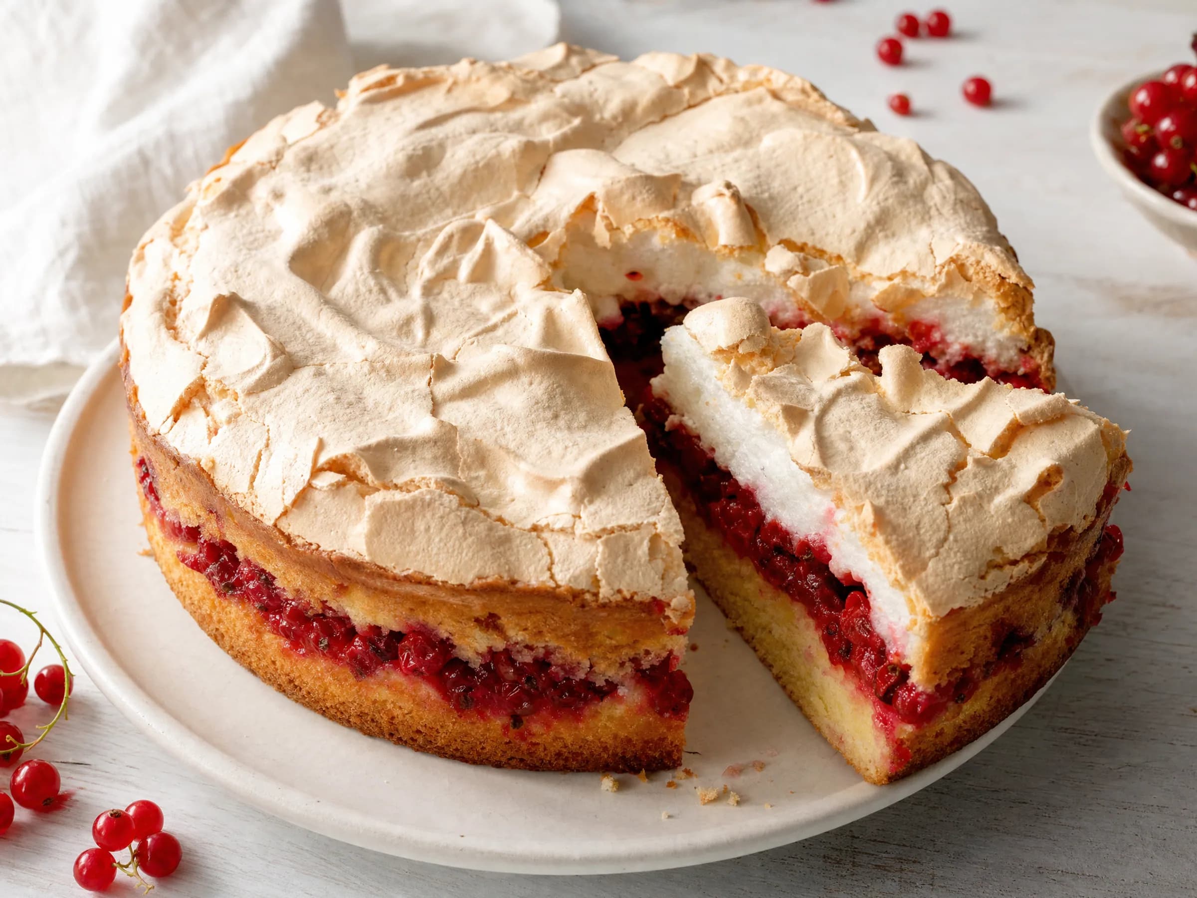 Johannisbeerkuchen mit Baiser und Rührteig Rezeptfoto Johannisbeerkuchen mit Baiser und Rührteig fertig angerichtet