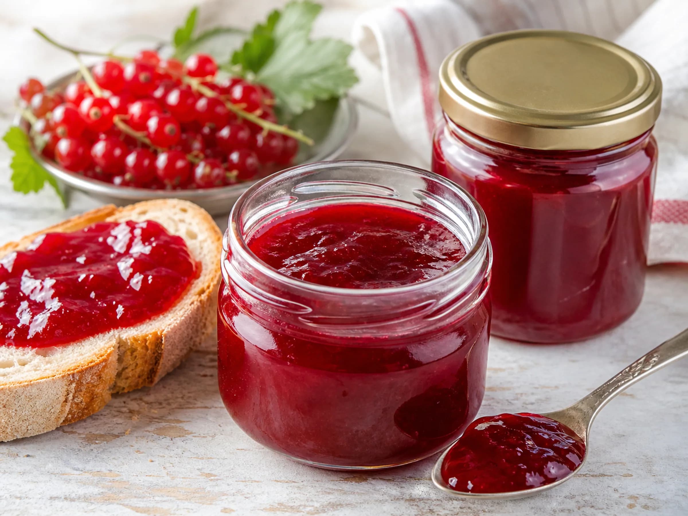 Johannisbeermarmelade ohne Kerne Glatt passierte rote Johannisbeermarmelade im Glas mit Brot und frischen Beeren