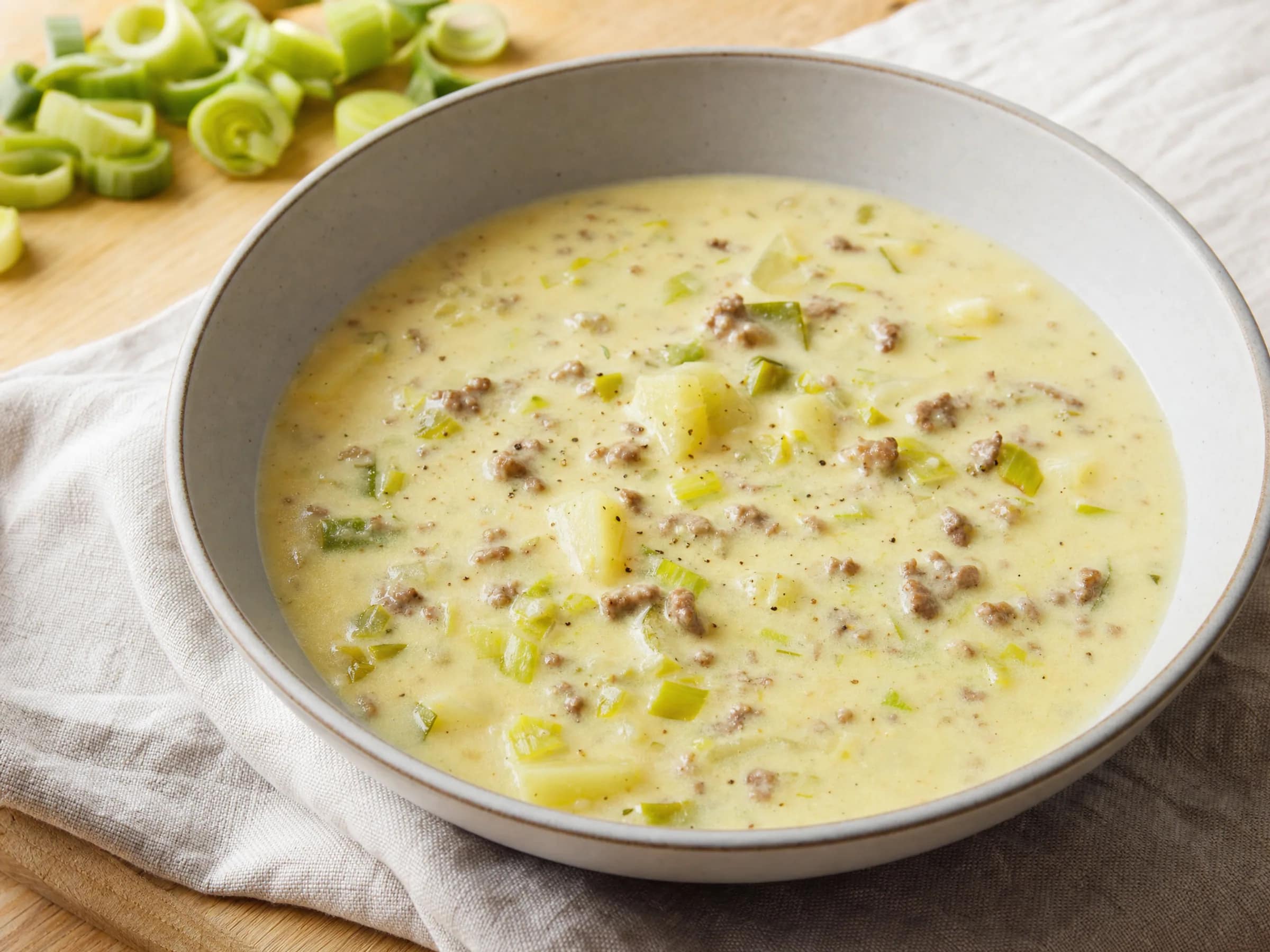 Käse-Lauch-Suppe mit Hackfleisch und Kartoffeln