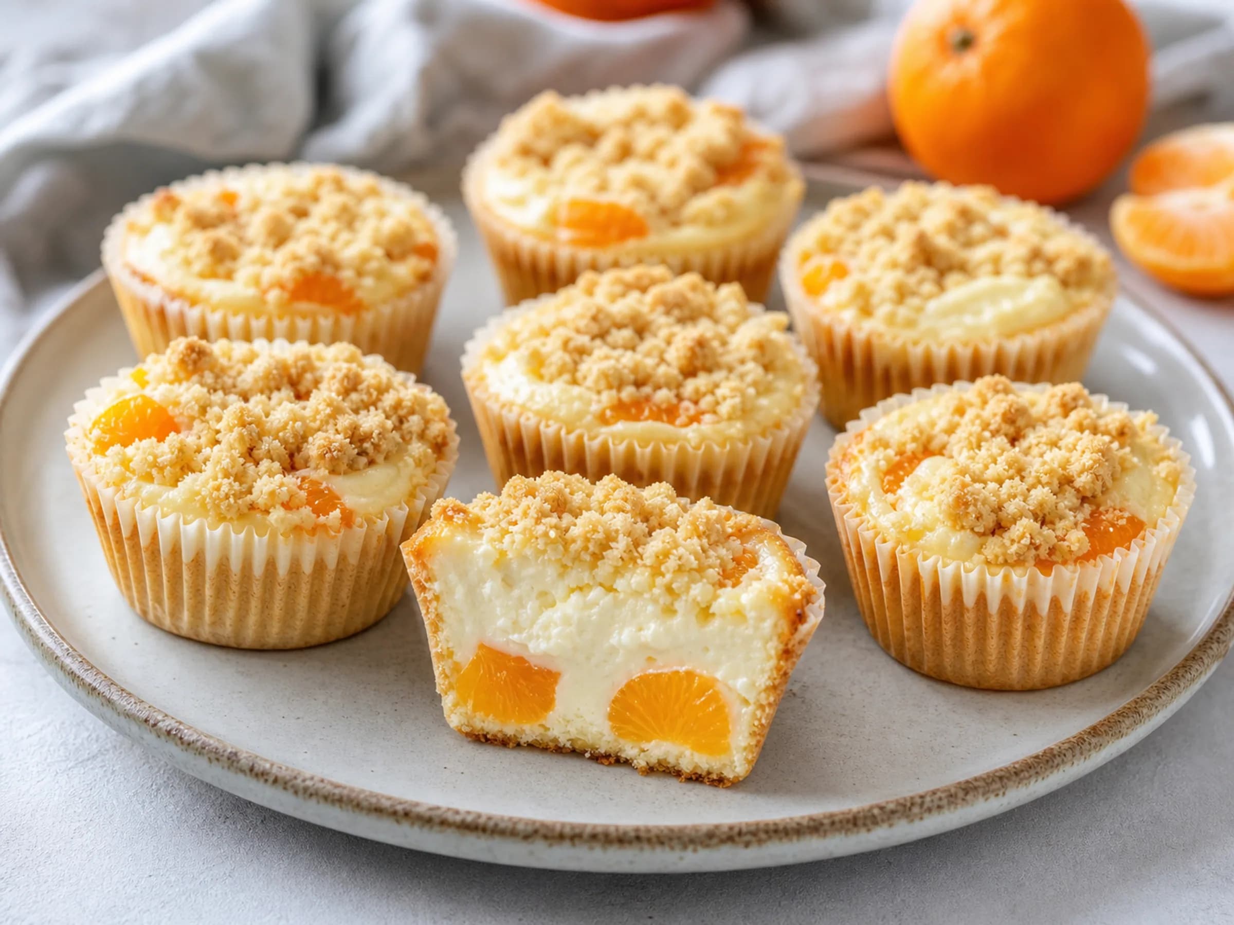 Käsekuchen-Muffins mit Mandarinen Käsekuchen-Muffins mit Mandarinen, goldenen Streuseln und cremiger Quarkfüllung
