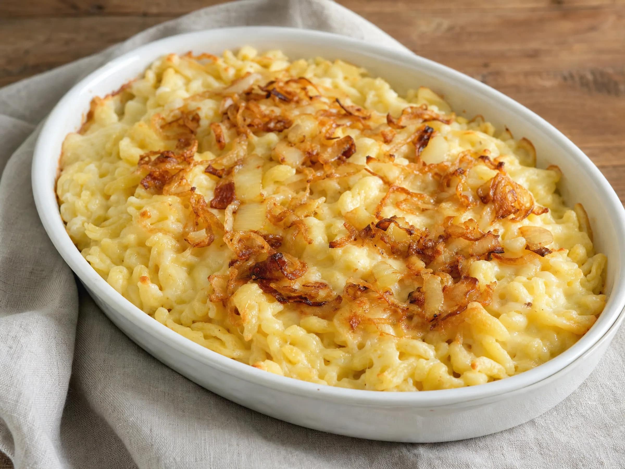 Käsespätzle aus dem Ofen mit Bergkäse und Röstzwiebeln