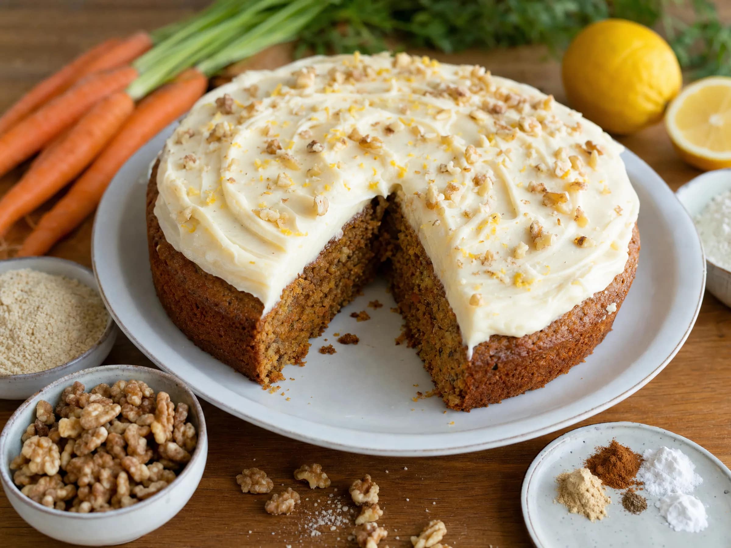 Veganer Karottenkuchen mit Zitronen-Frosting Rezeptfoto Veganer Karottenkuchen mit Zitronen-Frosting fertig angerichtet