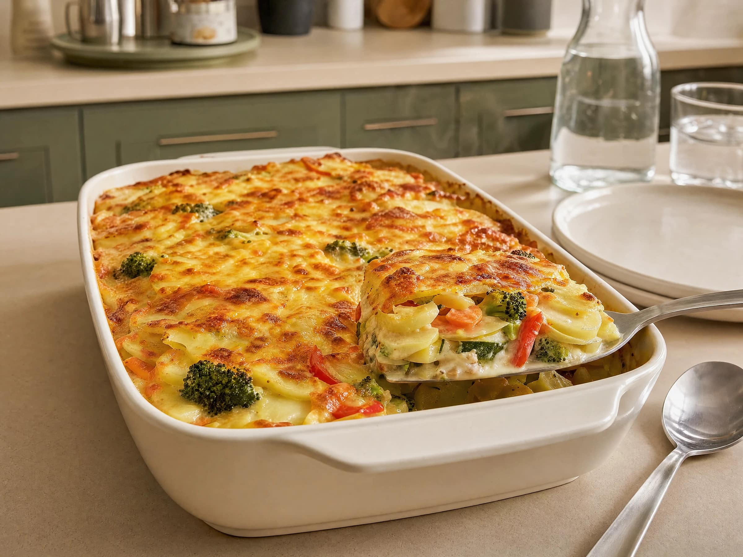 Kartoffel-Gemüse-Auflauf ohne Vorkochen mit Gouda-Kruste