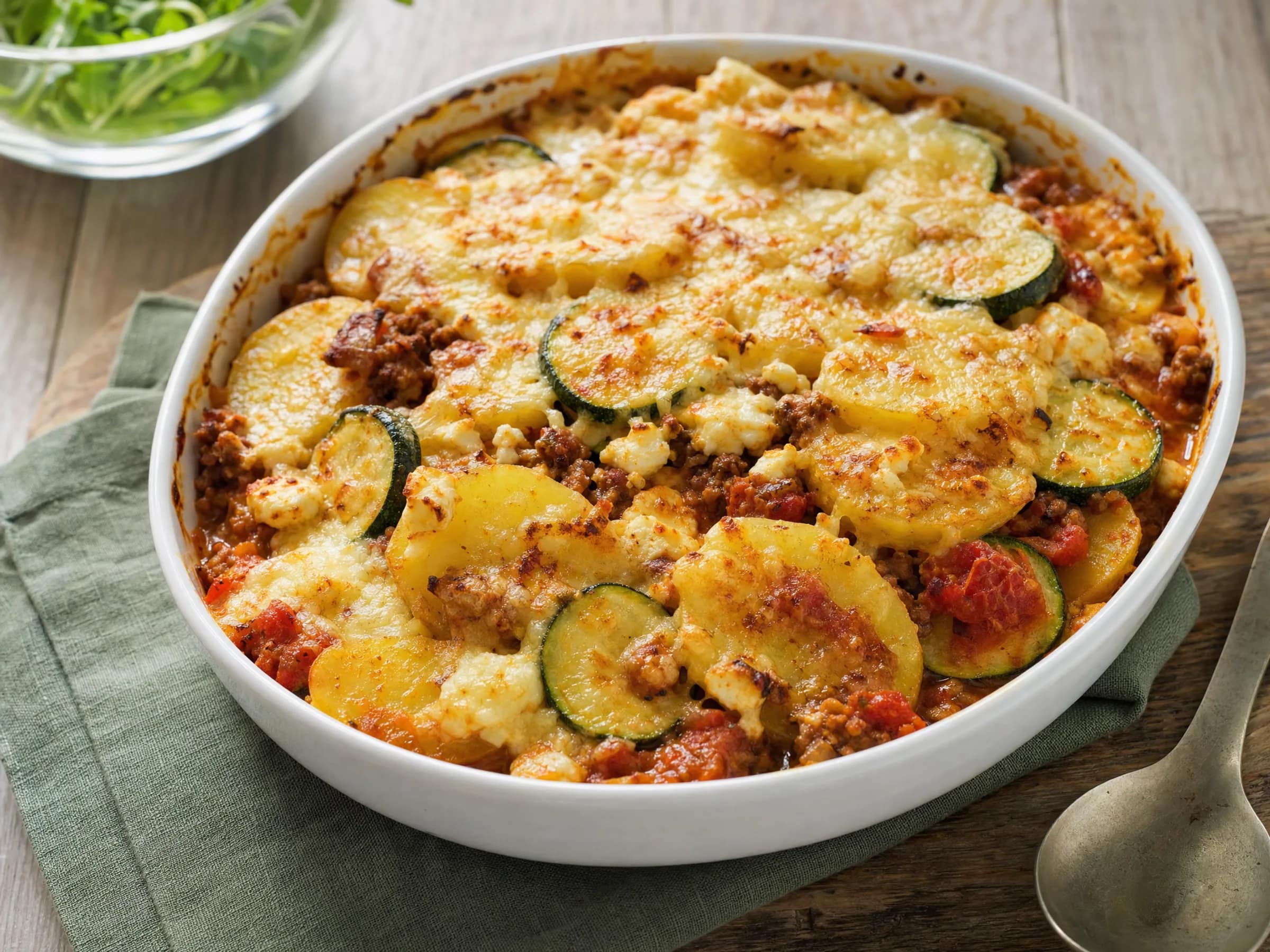 Kartoffel-Hackfleisch-Auflauf mit Zucchini, Feta und Käsekruste