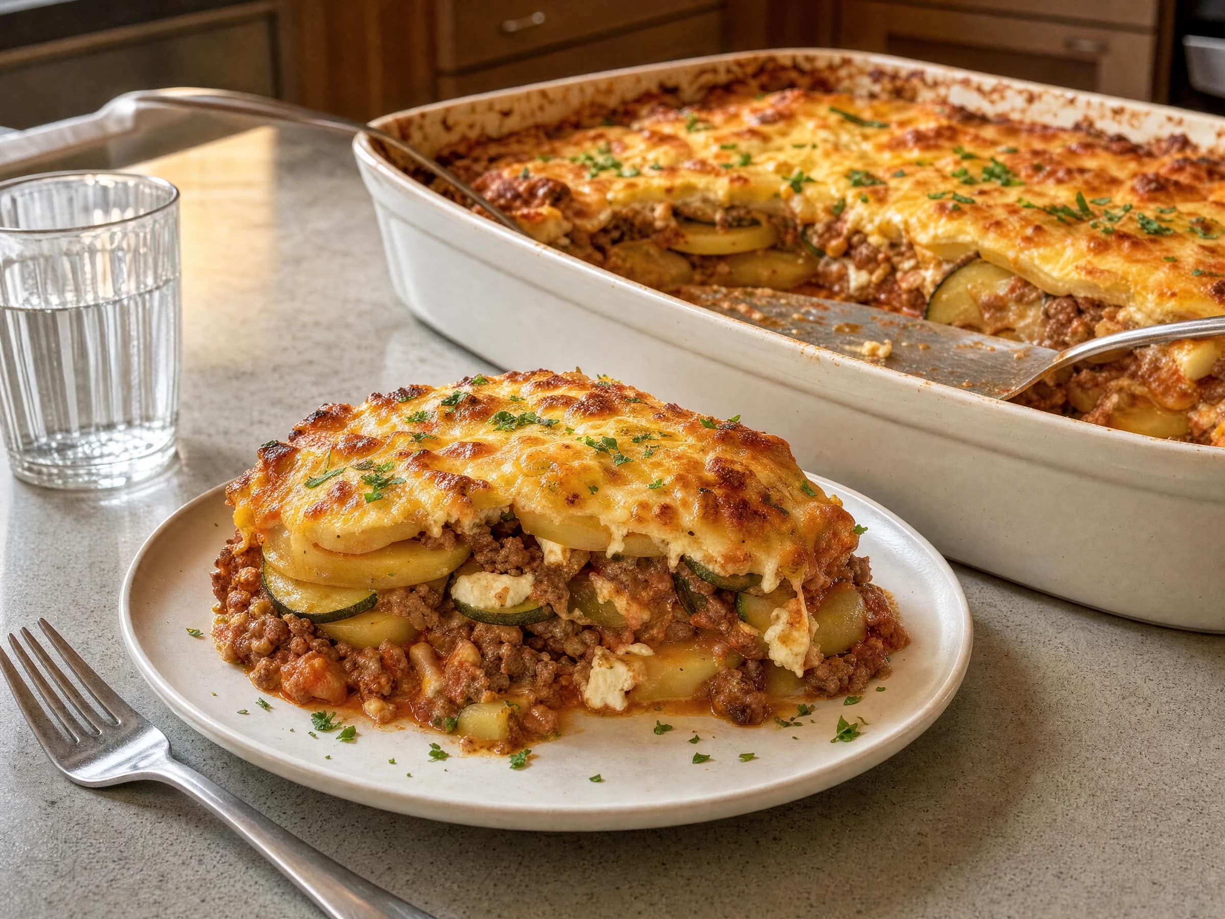 Kartoffel-Hackfleisch-Auflauf mit Zucchini, Feta und Käsekruste