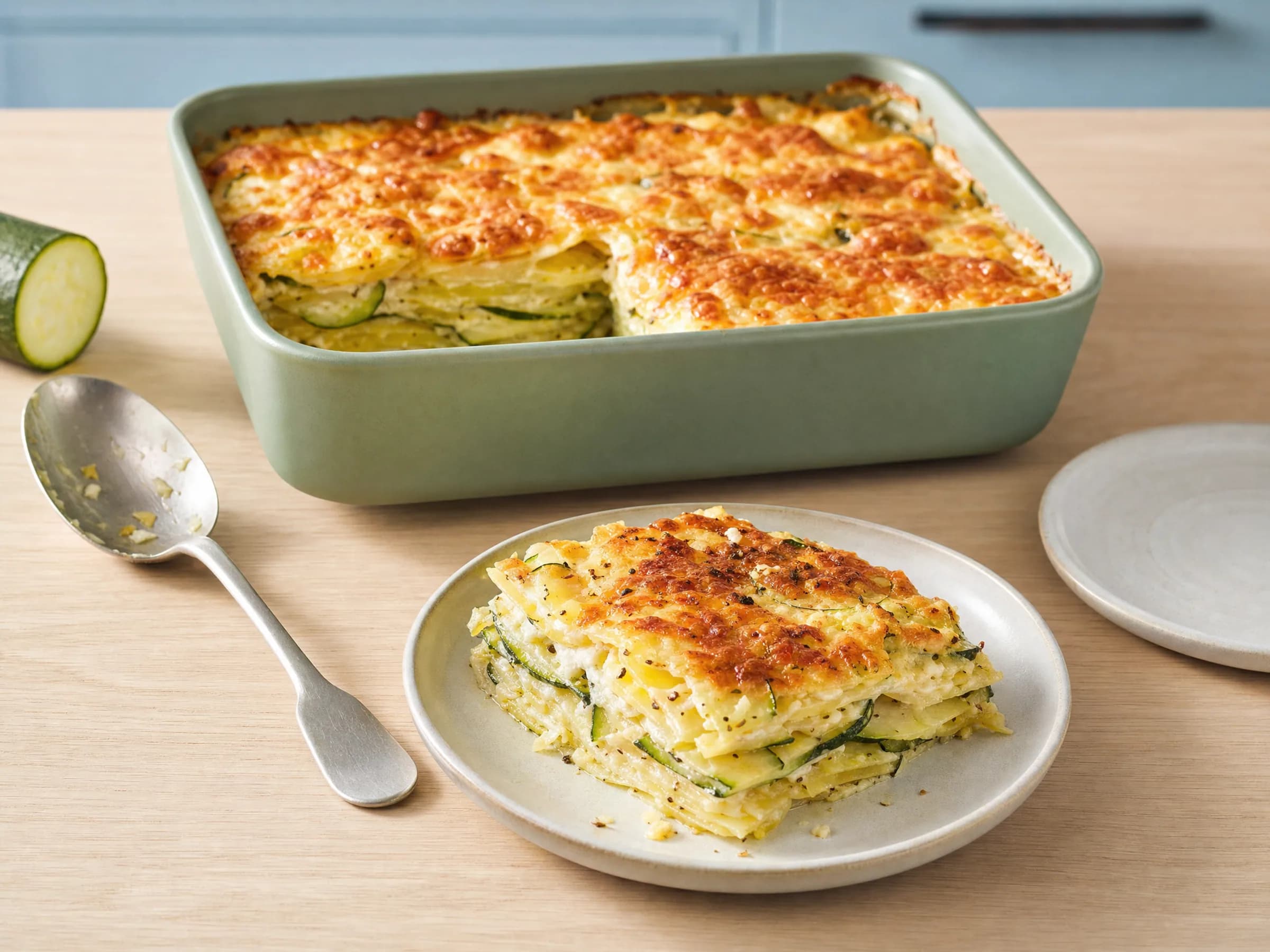 Kartoffel-Zucchini-Gratin frisch aus der Form servieren Eine Portion Kartoffel-Zucchini-Gratin mit sichtbaren Schichten wird aus der Auflaufform gehoben