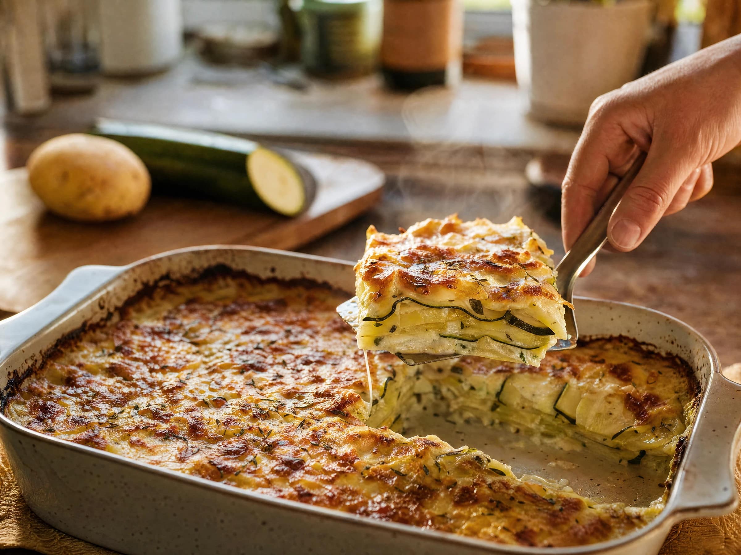 Kartoffel-Zucchini-Gratin ohne Vorkochen mit Käsekruste