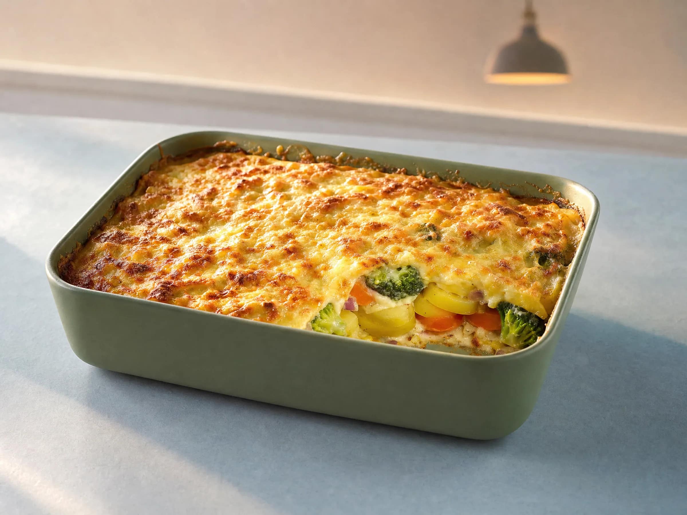Kartoffelauflauf mit Brokkoli, Karotten und goldener Käsekruste Rezeptfoto Kartoffelauflauf mit Brokkoli, Karotten und goldener Käsekruste fertig angerichtet