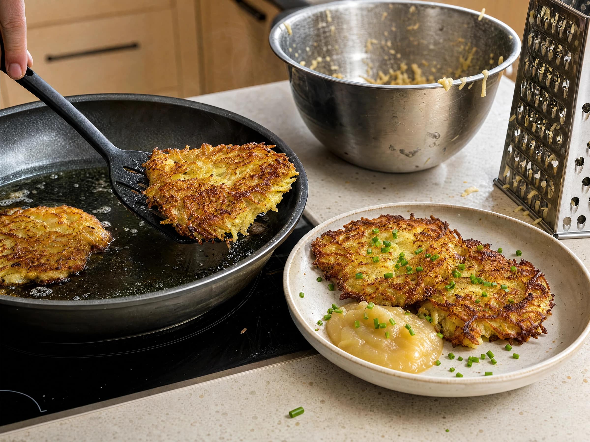 Kartoffelpuffer aus rohen Kartoffeln braten Rezeptfoto Kartoffelpuffer aus rohen Kartoffeln braten fertig angerichtet
