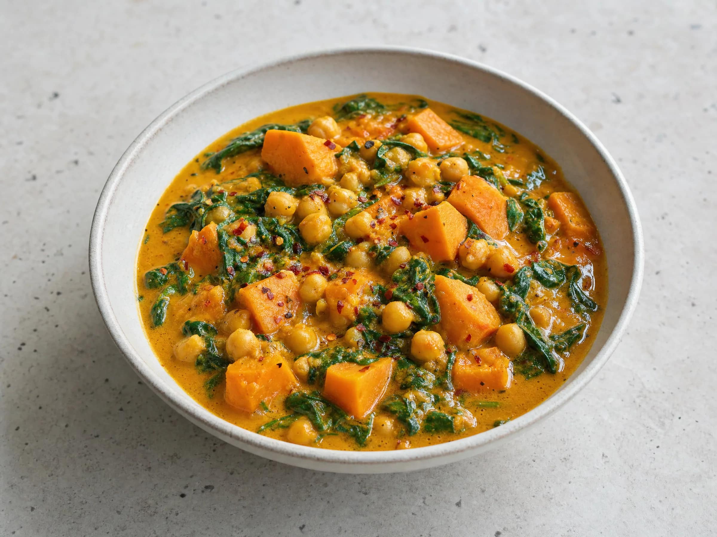 Kichererbsen-Curry mit Süßkartoffel, Kokosmilch und Spinat
